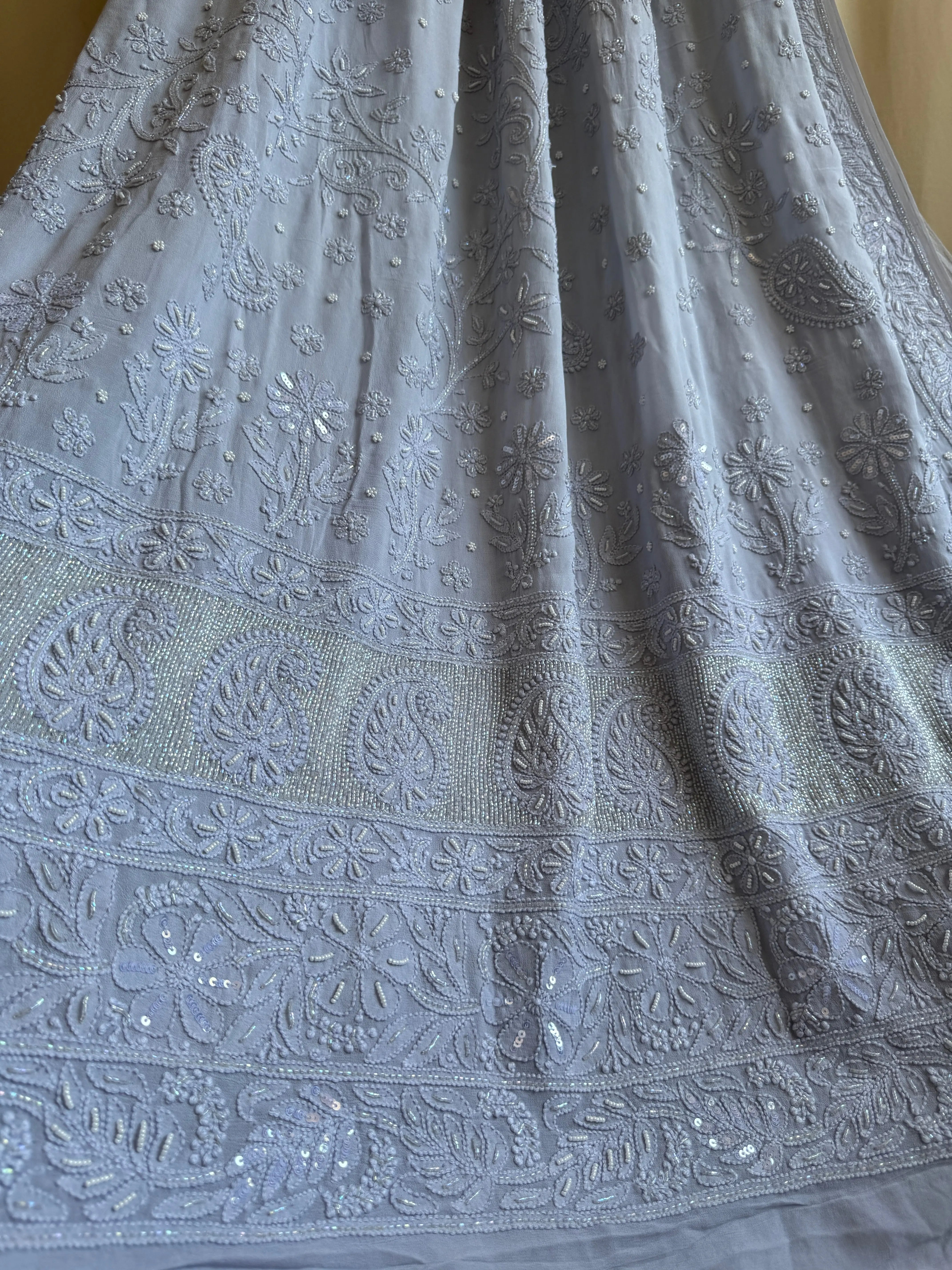 Viscose Light cool grey Chikankari saree with Pearl embellishments ARIAA CHIKANKARI