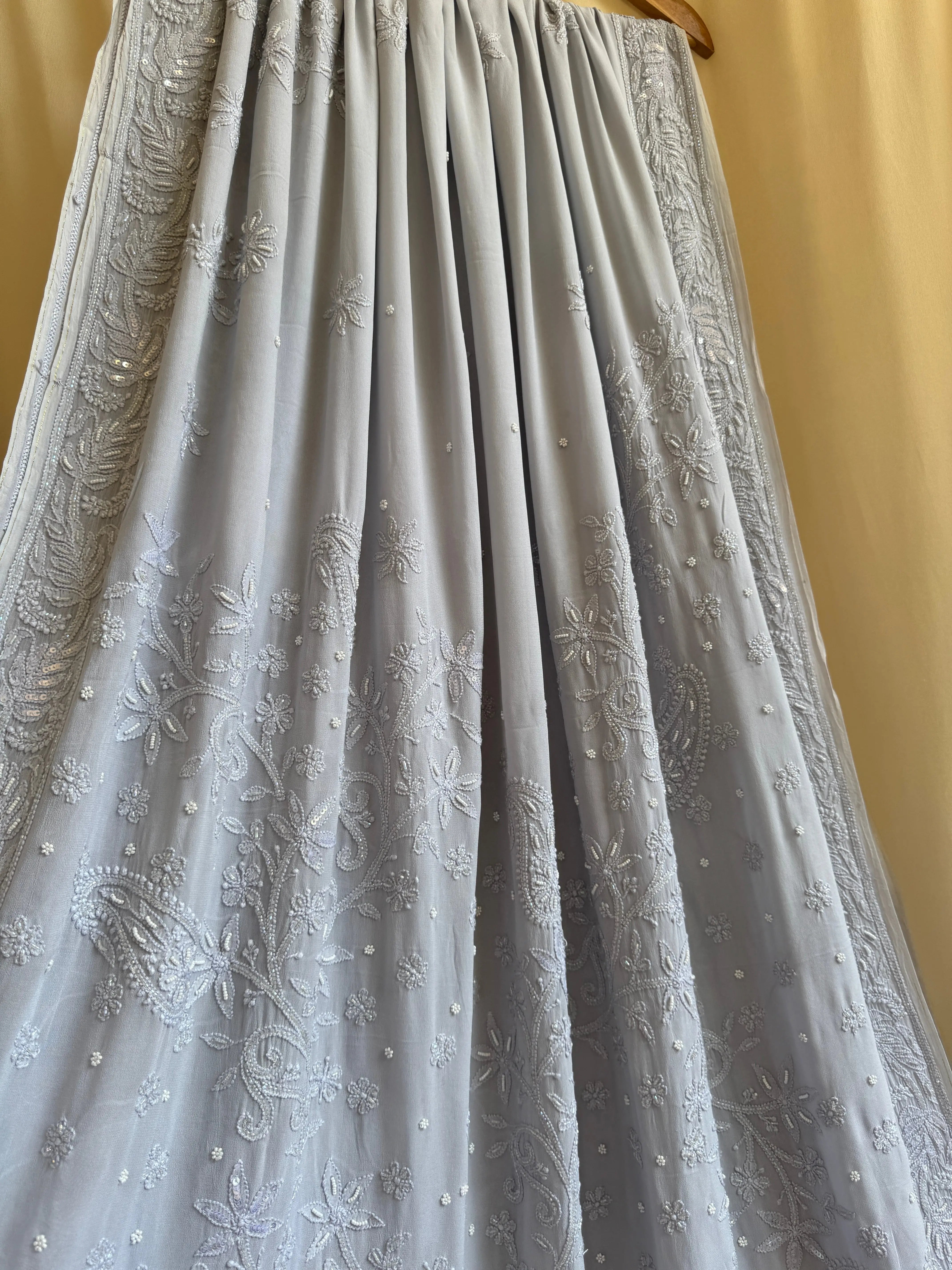 Viscose Light cool grey Chikankari saree with Pearl embellishments ARIAA CHIKANKARI