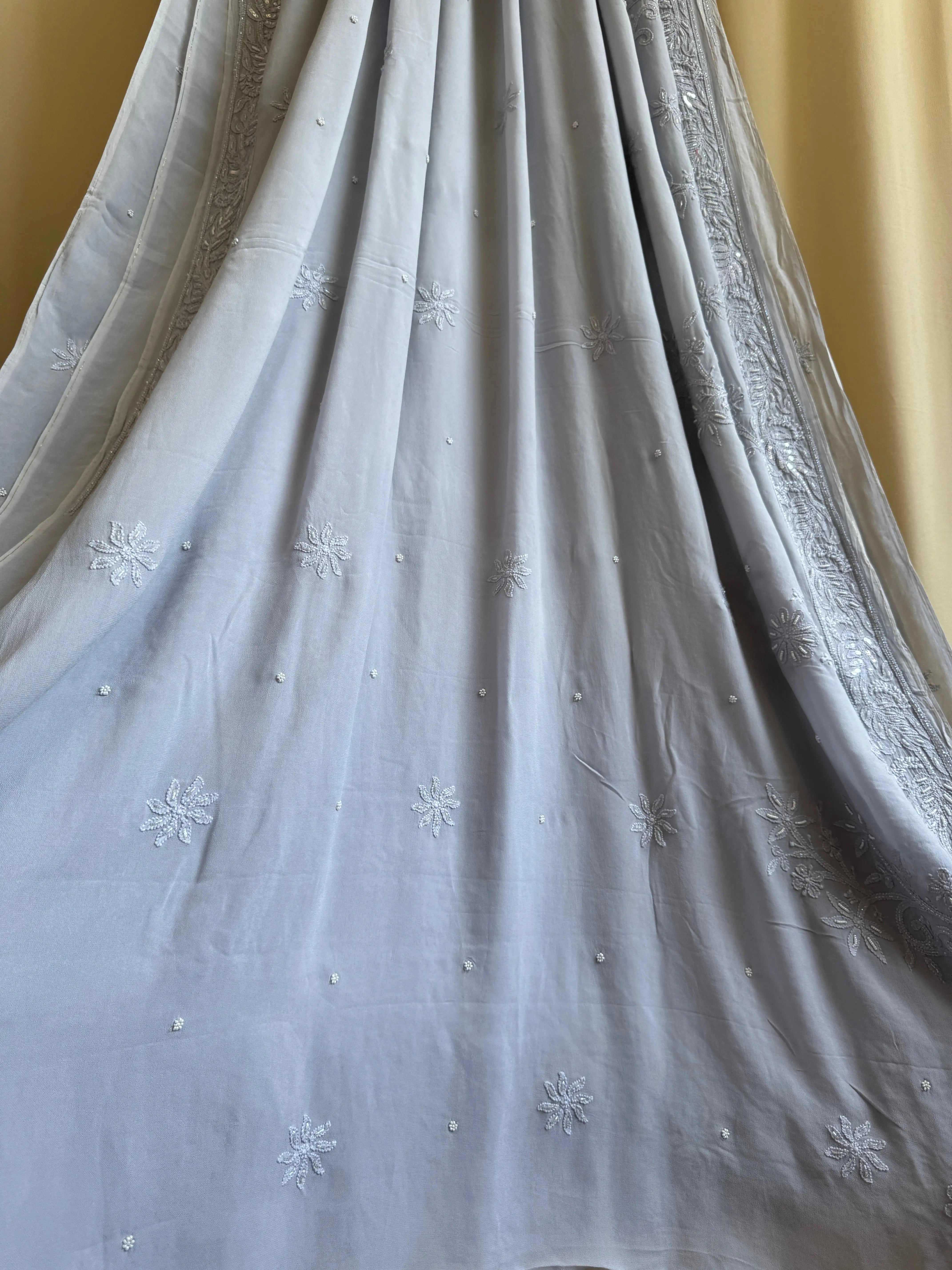 Viscose Light cool grey Chikankari saree with Pearl embellishments ARIAA CHIKANKARI