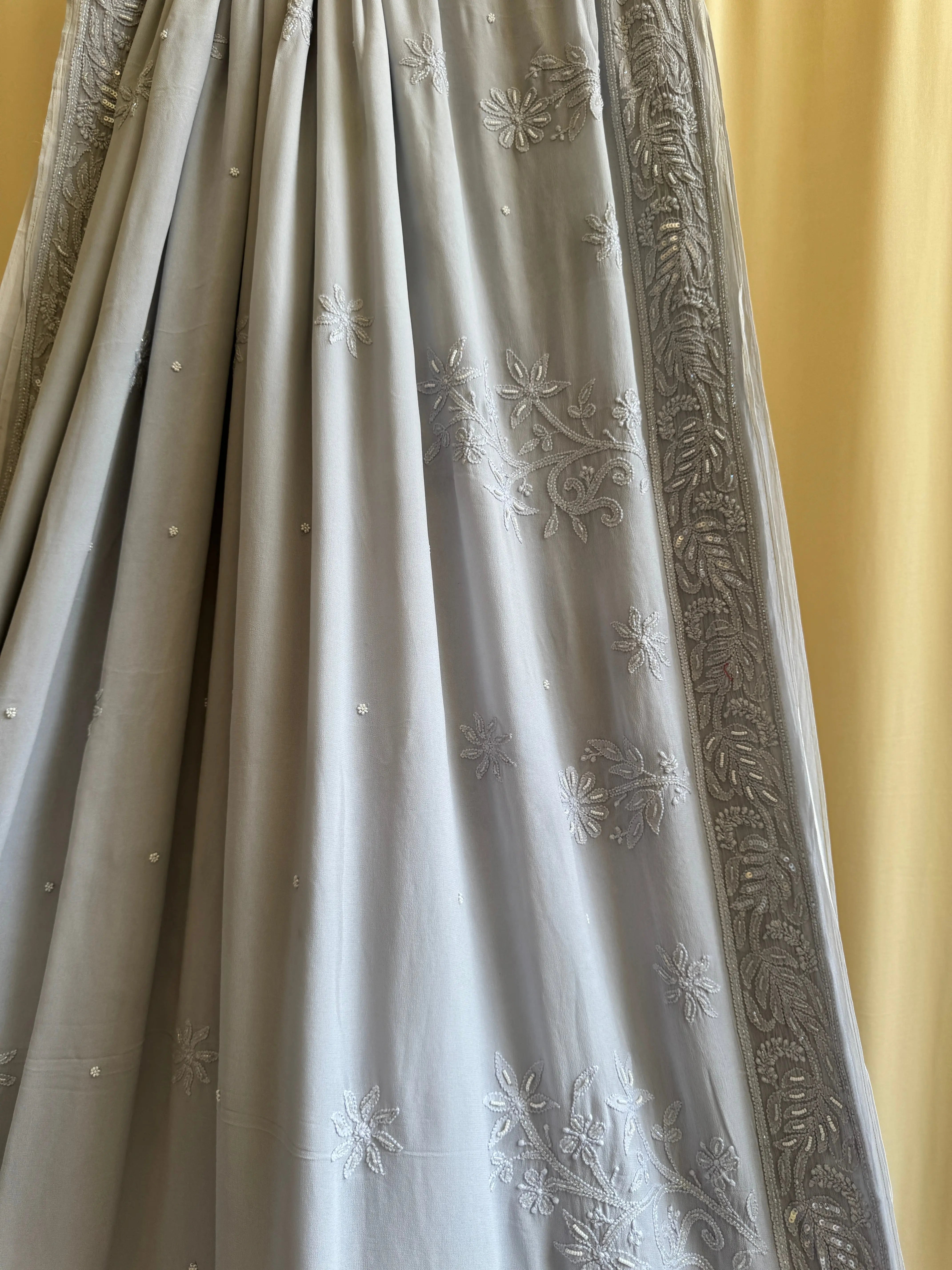 Viscose Light cool grey Chikankari saree with Pearl embellishments ARIAA CHIKANKARI