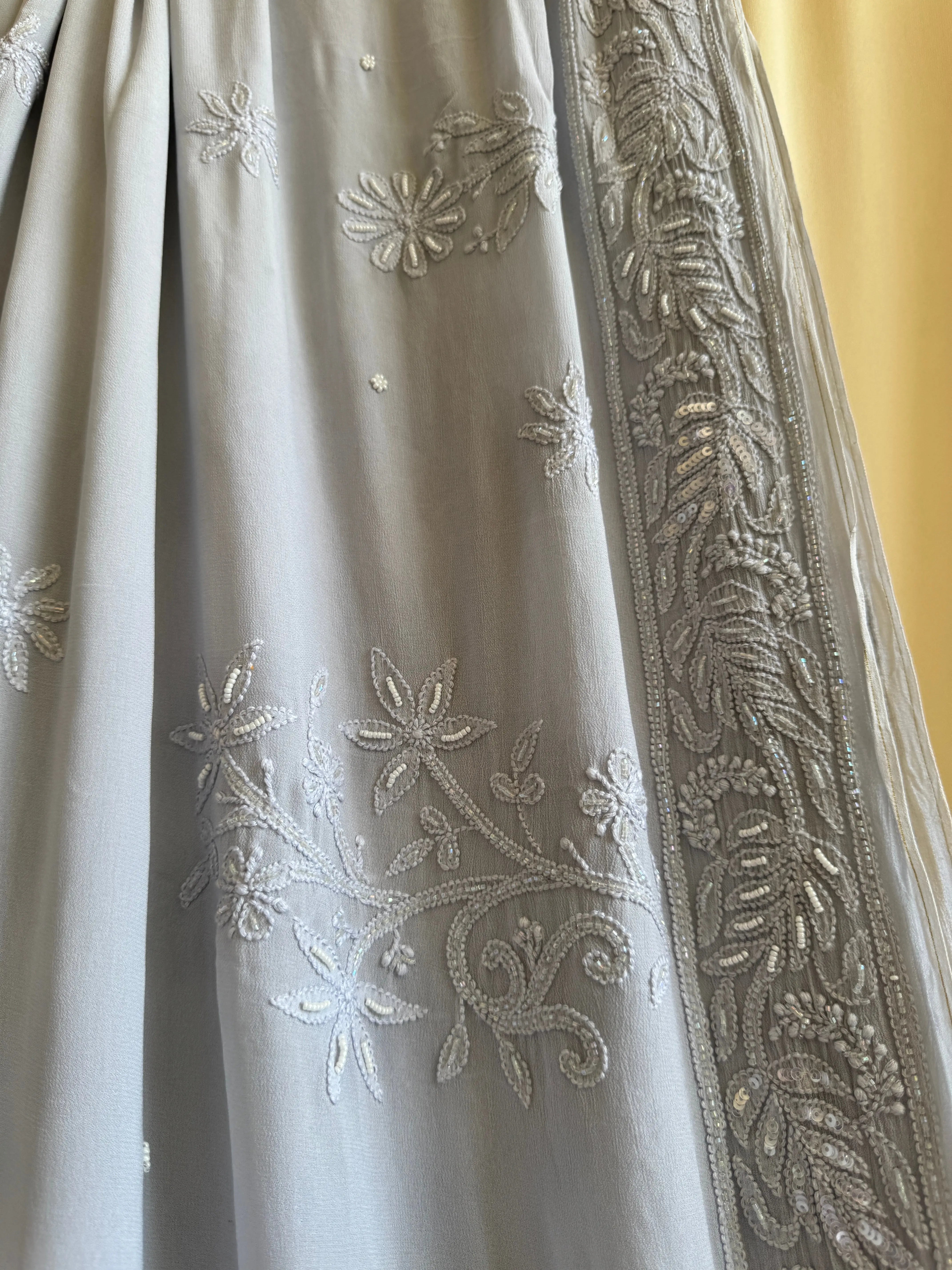Viscose Light cool grey Chikankari saree with Pearl embellishments ARIAA CHIKANKARI