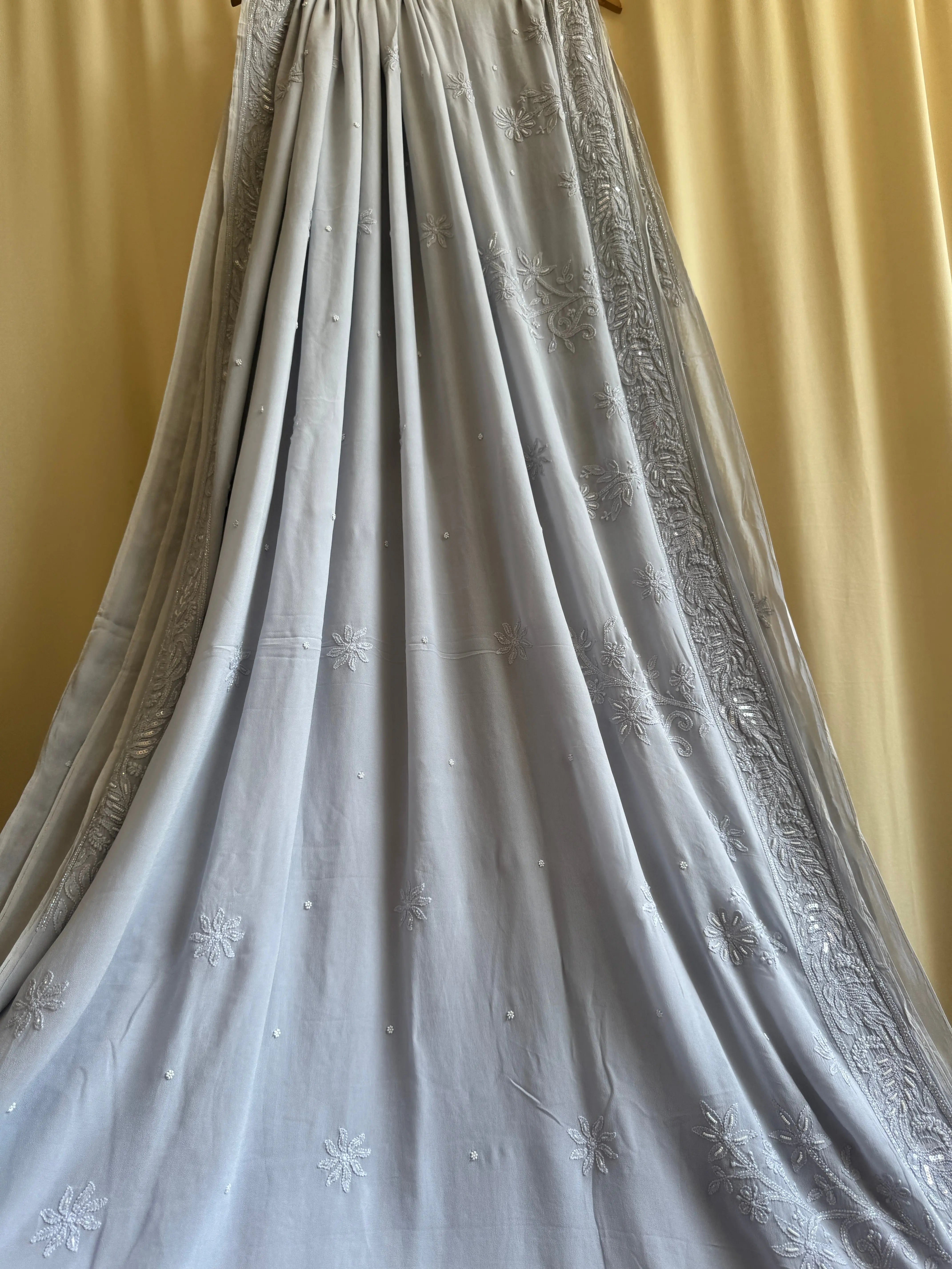 Viscose Light cool grey Chikankari saree with Pearl embellishments ARIAA CHIKANKARI