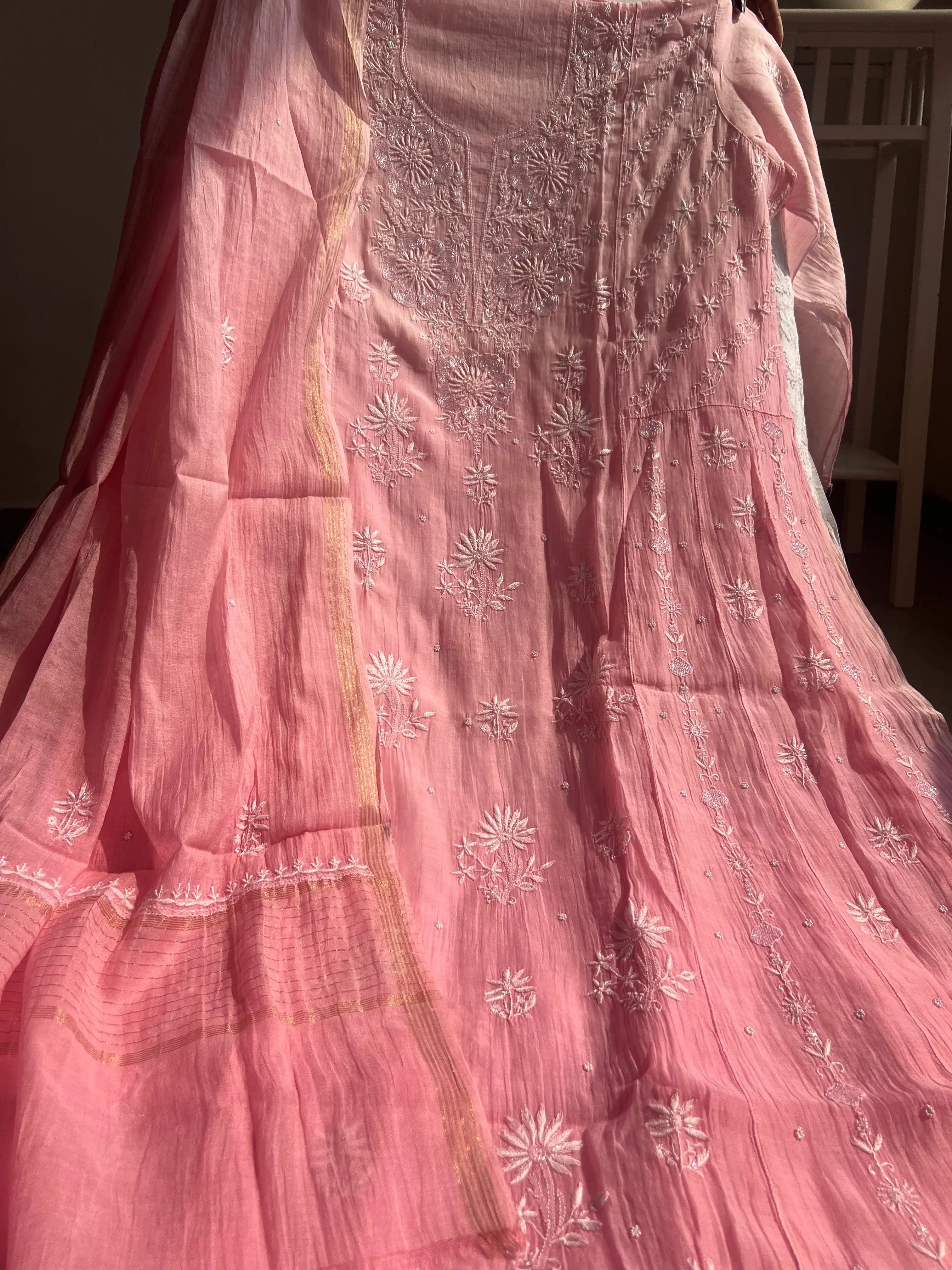 Mul Chanderi Chikankari Anarkali - Pink Ombre ARIAA CHIKANKARI