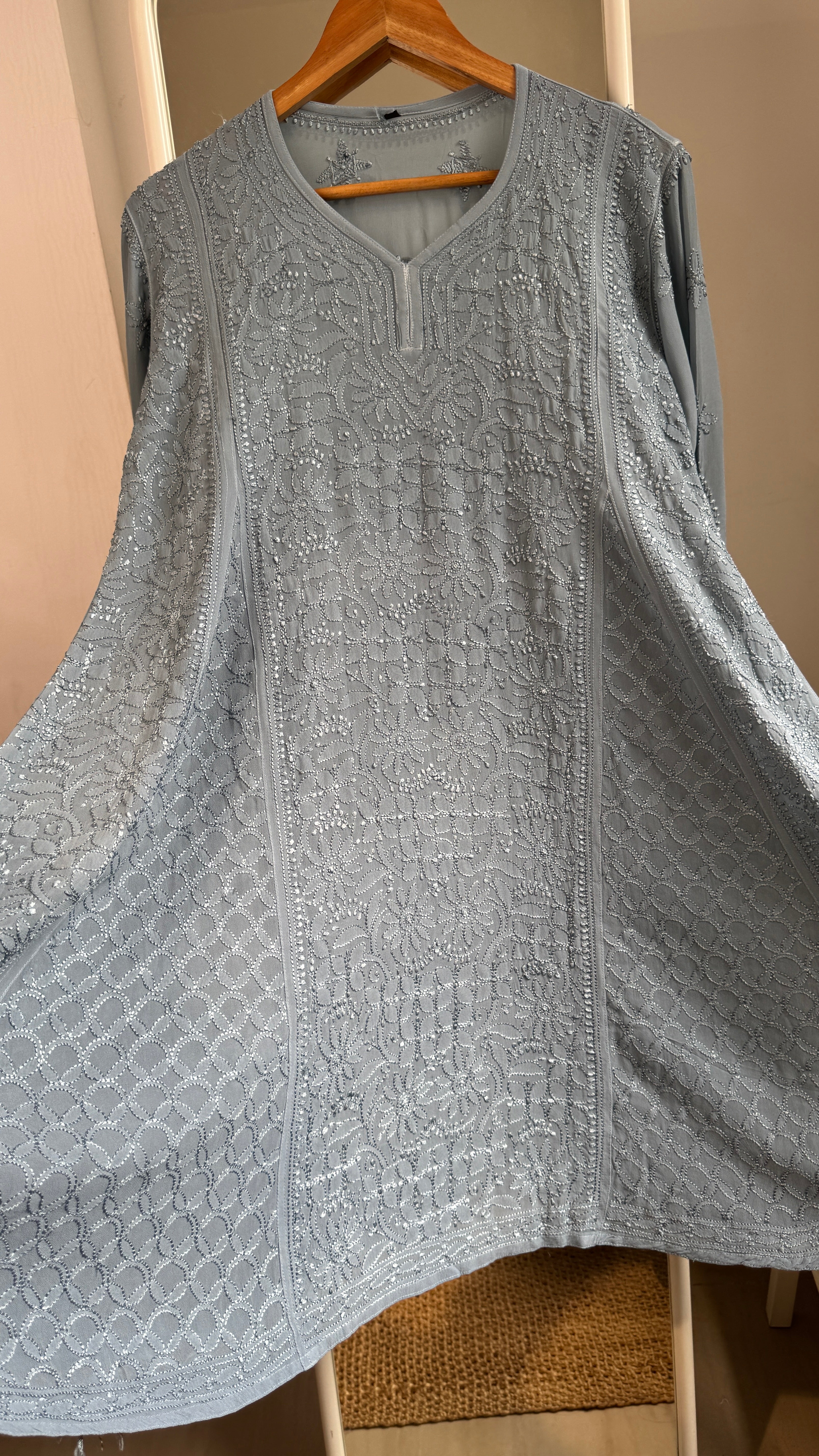 Viscose Chikankari Short Anarkali - Grey - Sahar Collection