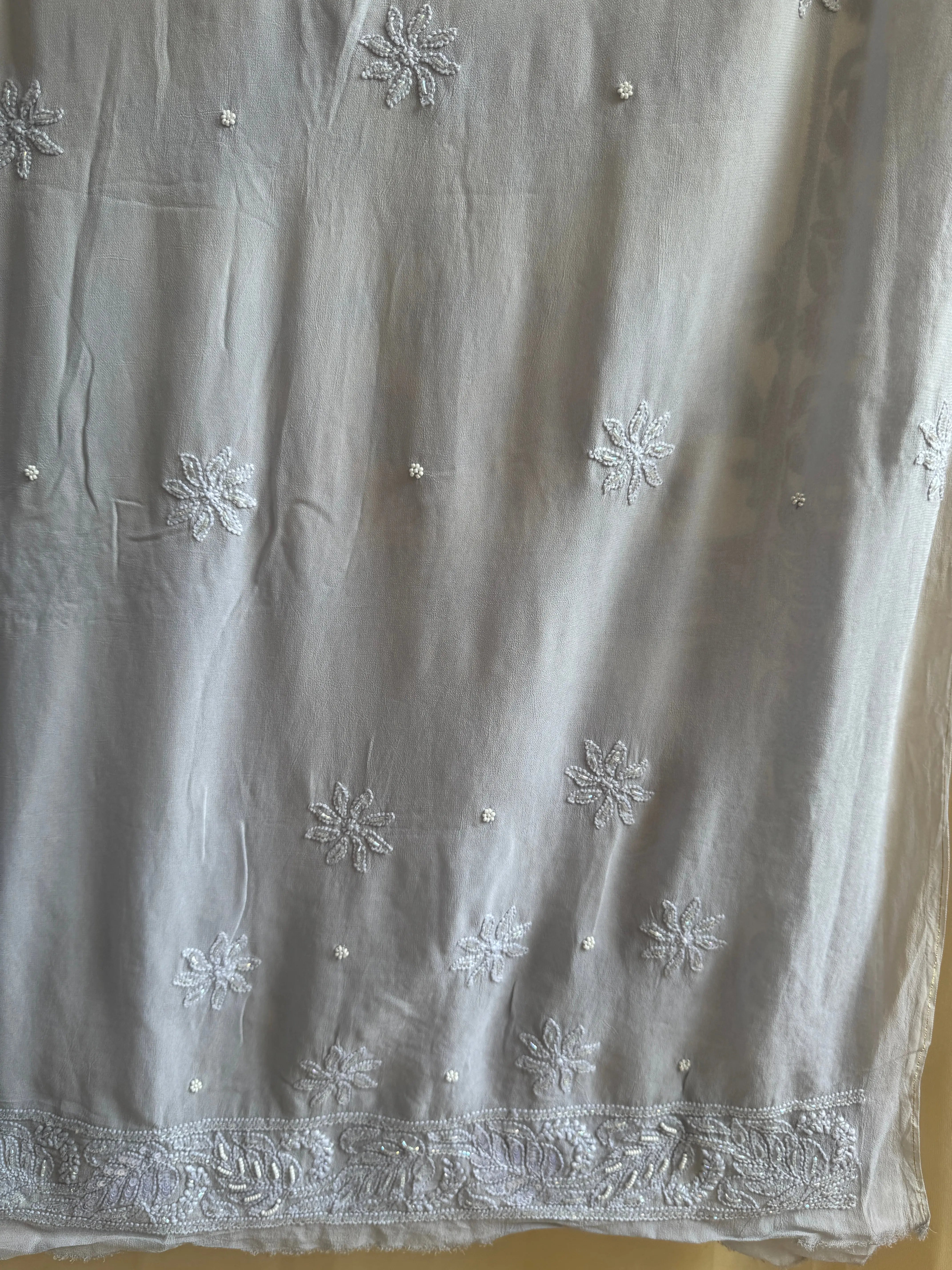 Viscose Light cool grey Chikankari saree with Pearl embellishments ARIAA CHIKANKARI