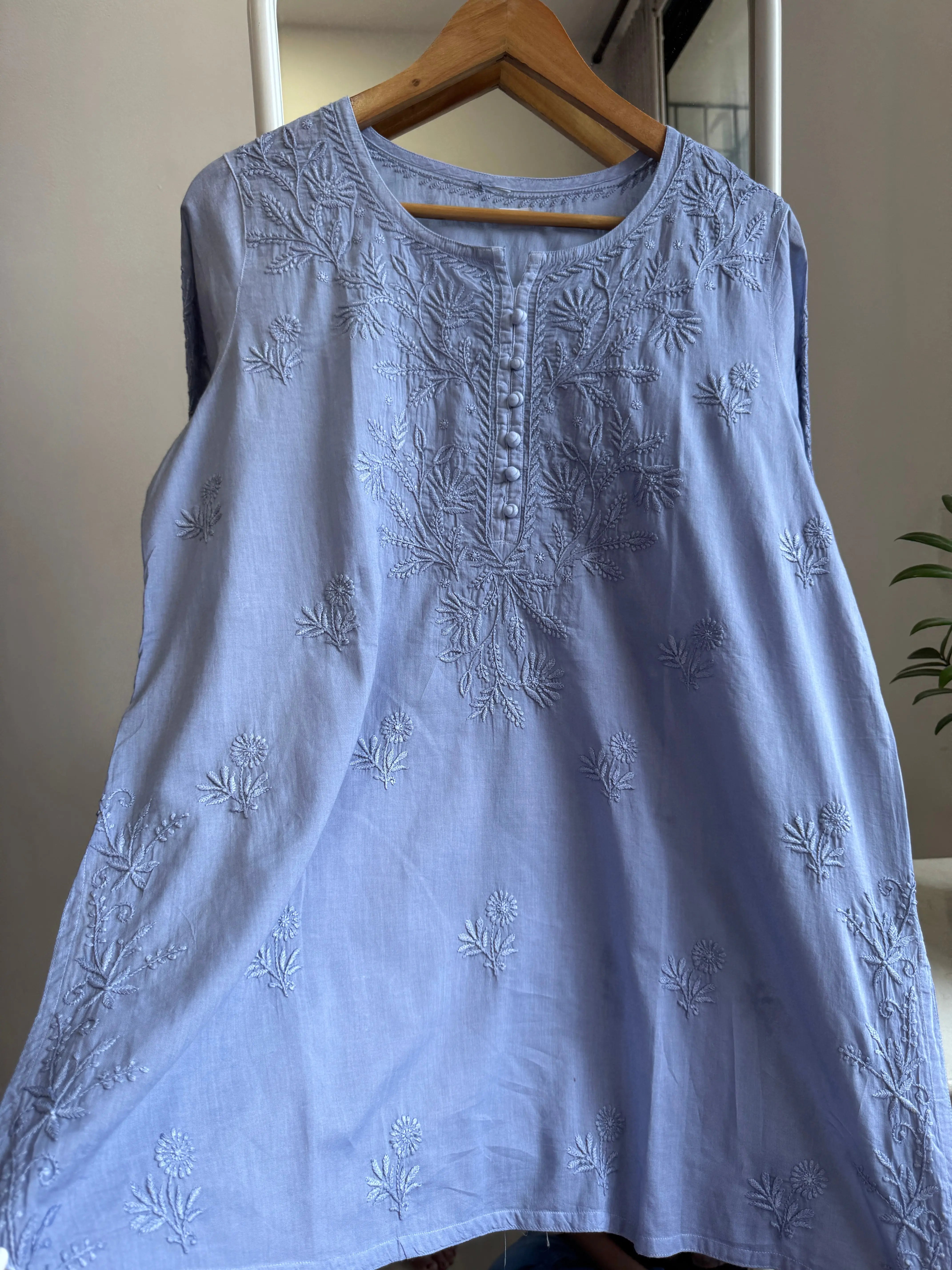 Mul Cotton Chikankari Full sleeves short Top - Grey ARIAA CHIKANKARI