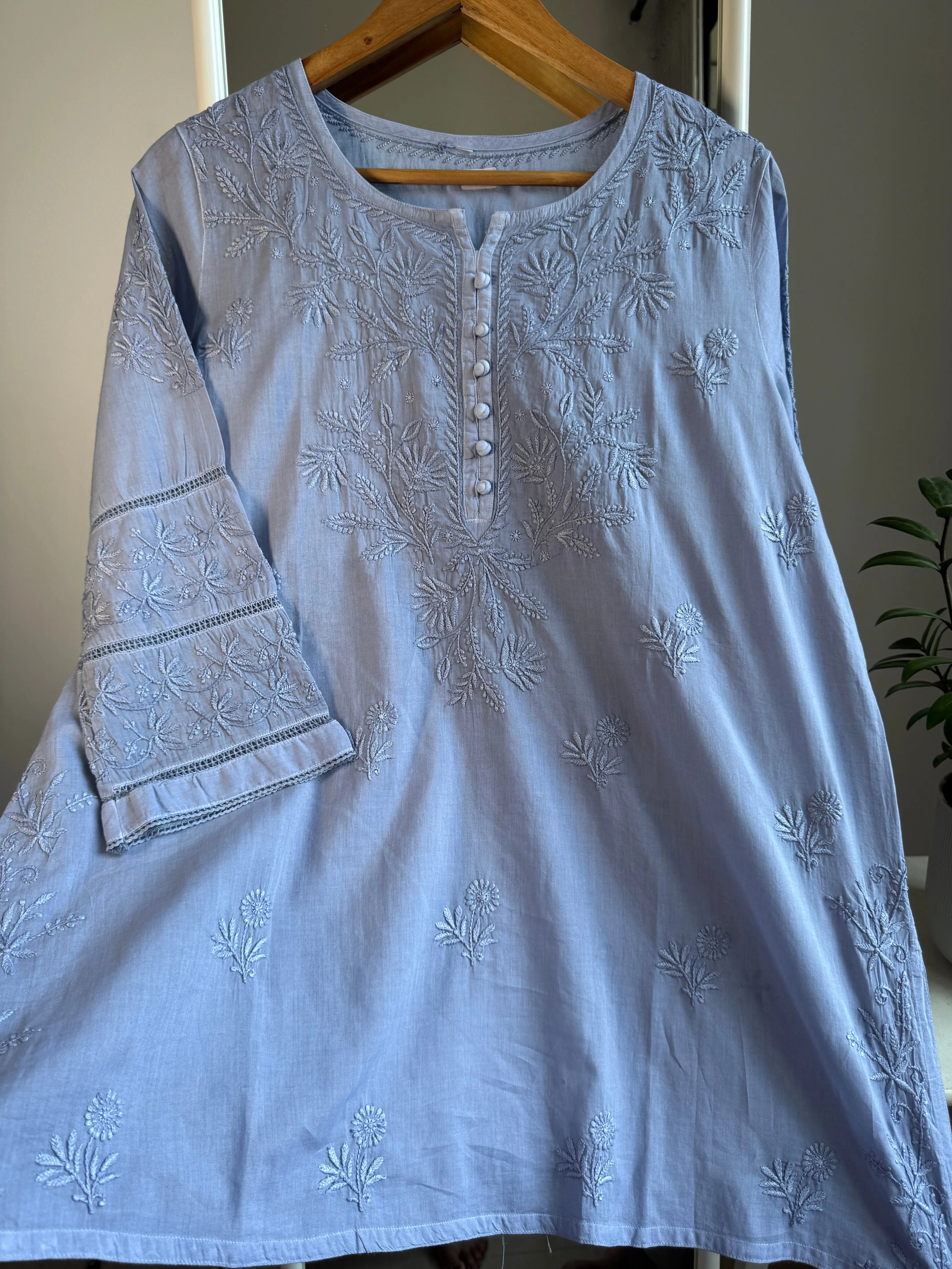 Mul Cotton Chikankari Full sleeves short Top - Grey ARIAA CHIKANKARI