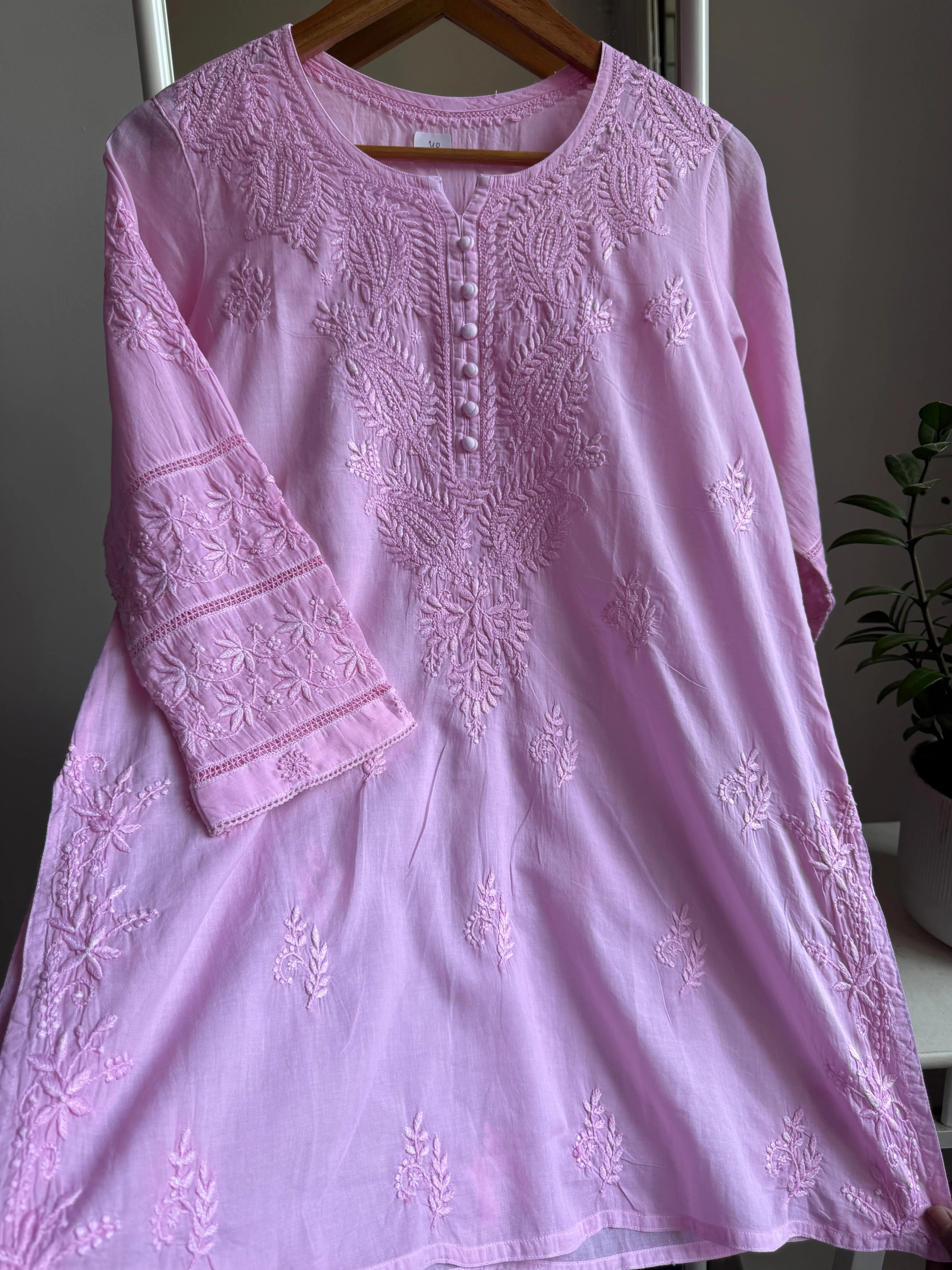 Mul Cotton Chikankari Full sleeves short Top - Pink ARIAA CHIKANKARI