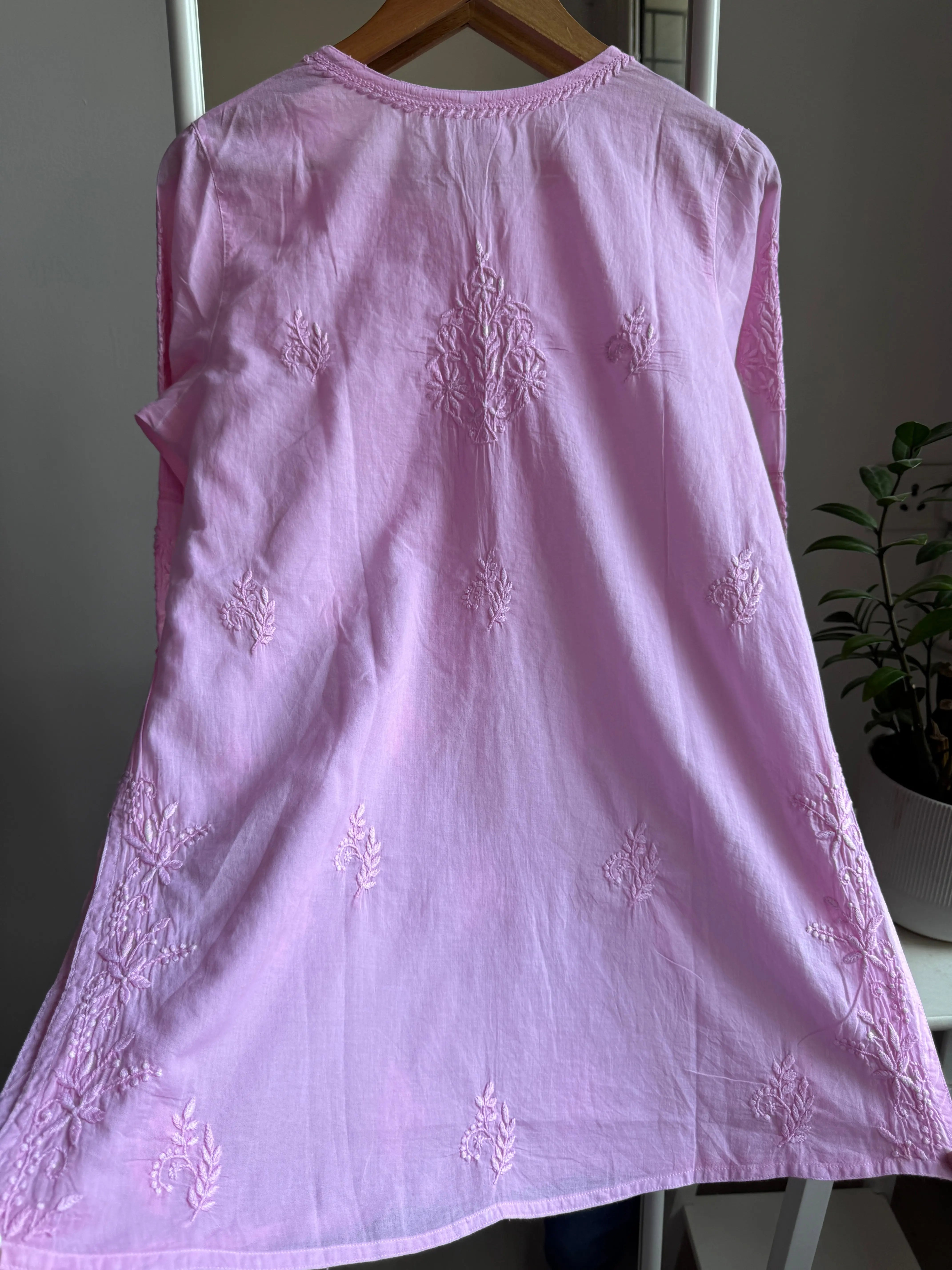 Mul Cotton Chikankari Full sleeves short Top - Pink ARIAA CHIKANKARI