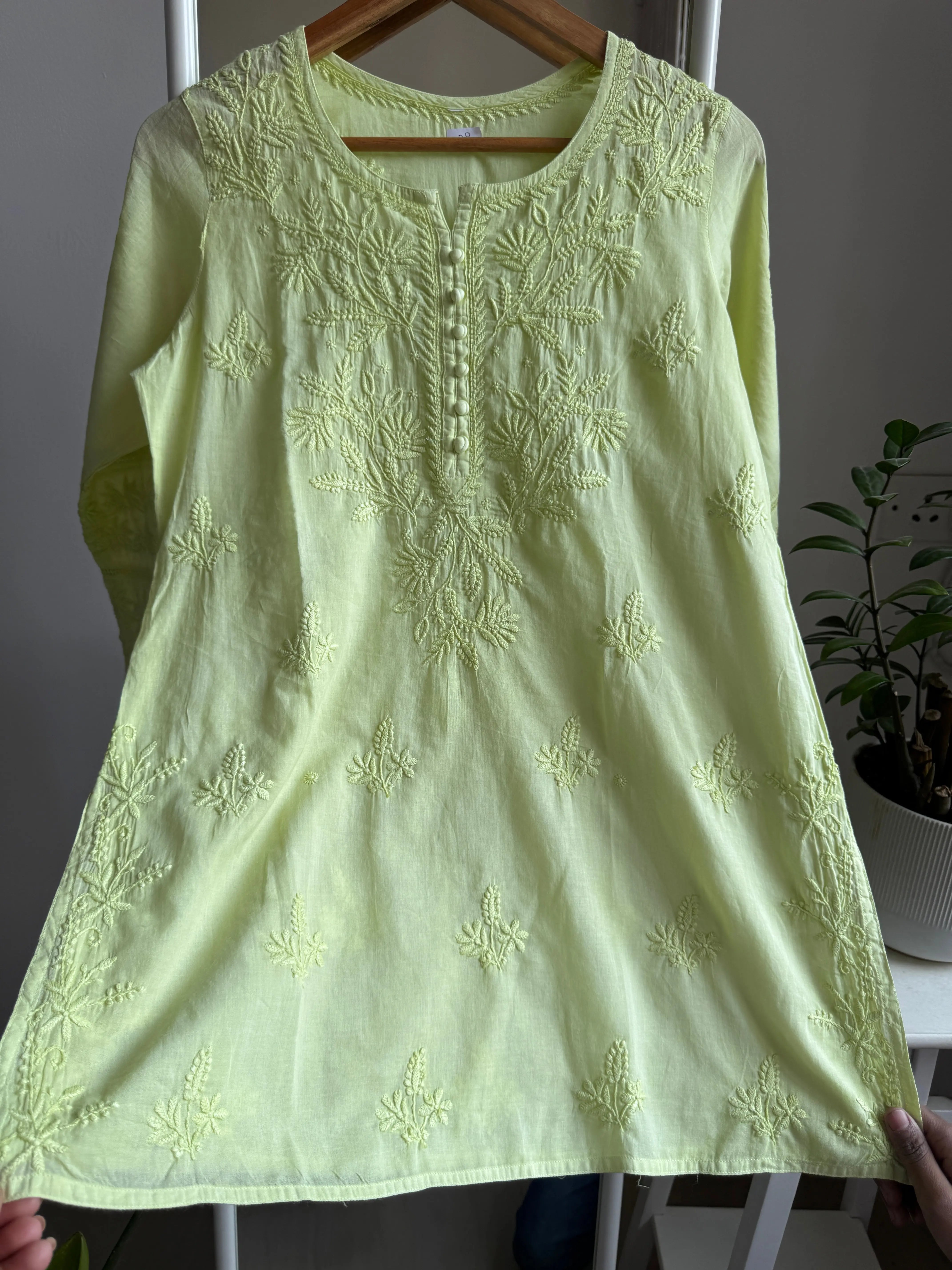 Mul Cotton Chikankari Full sleeves short Top - Apple Green ARIAA CHIKANKARI