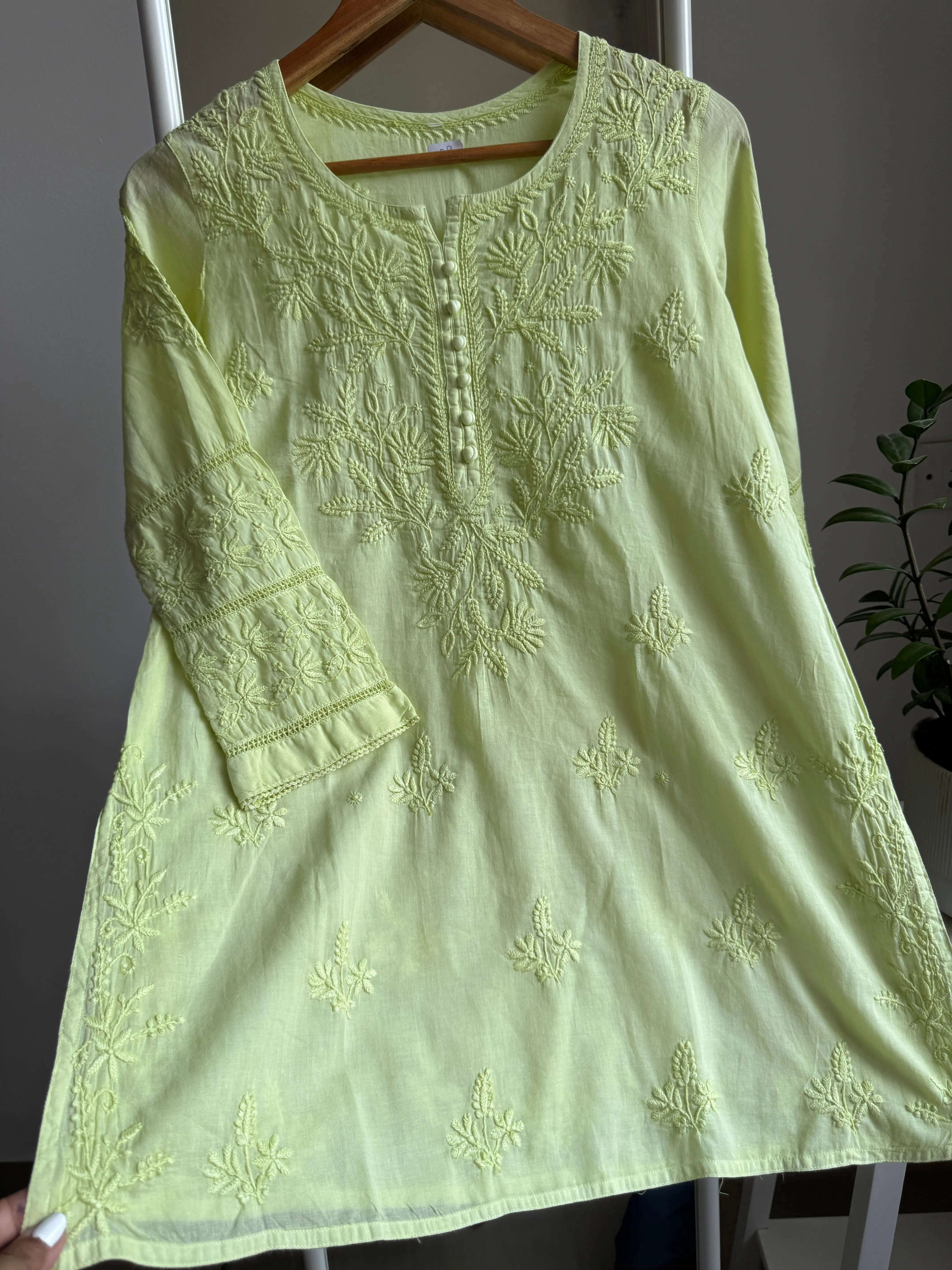 Mul Cotton Chikankari Full sleeves short Top - Apple Green ARIAA CHIKANKARI