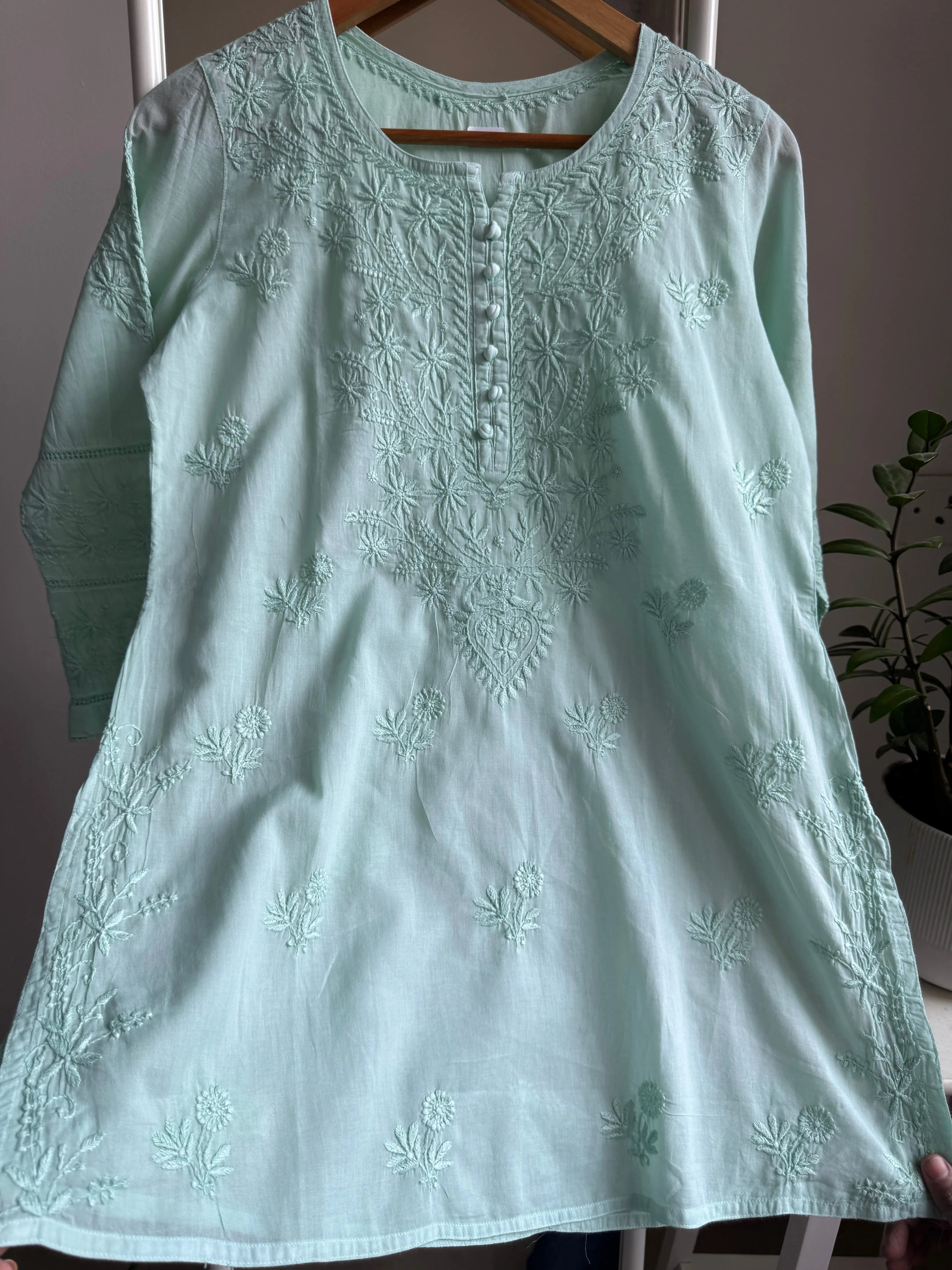 Mul Cotton Chikankari Full sleeves short Top - Green ARIAA CHIKANKARI
