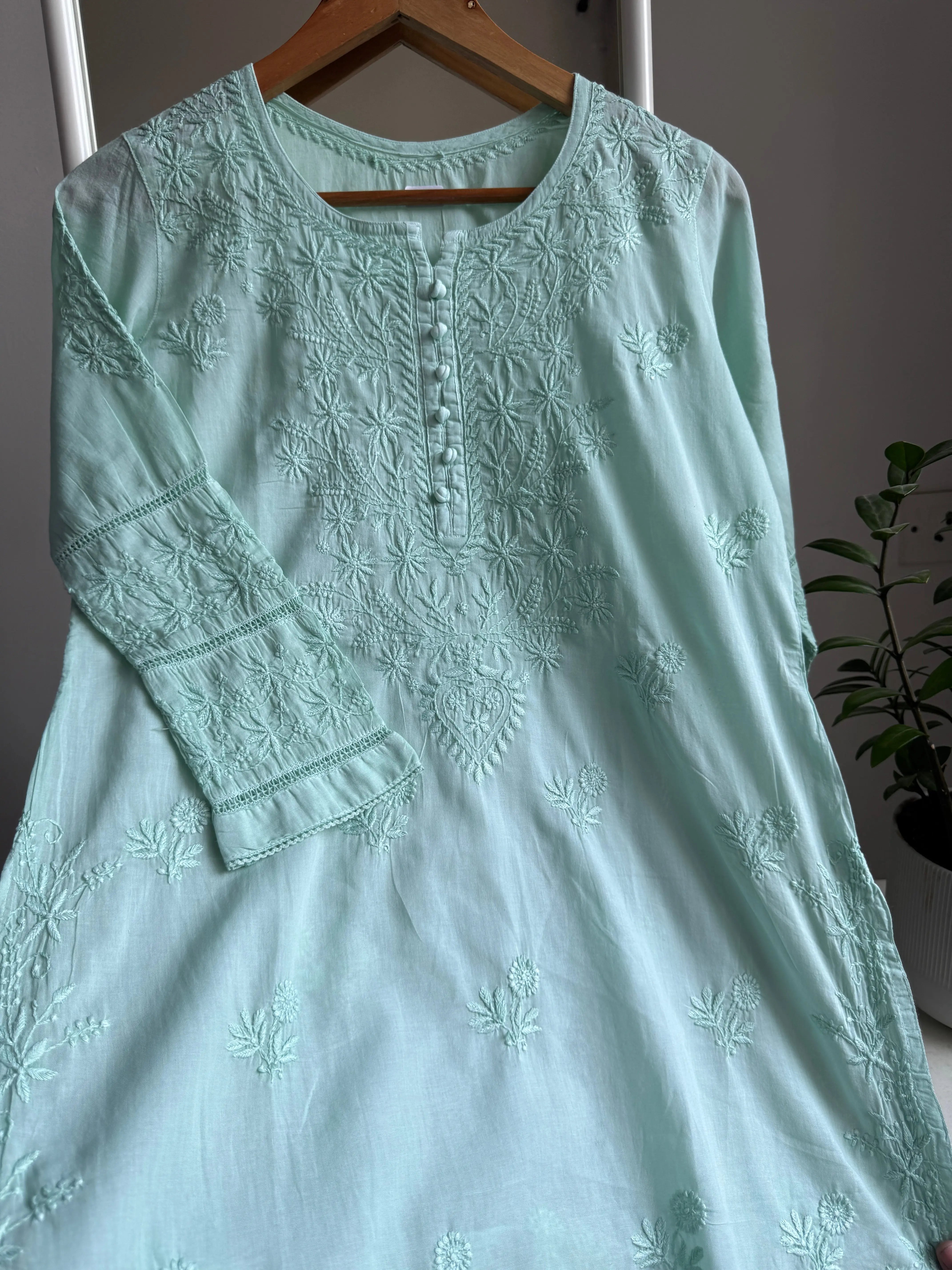 Mul Cotton Chikankari Full sleeves short Top - Green ARIAA CHIKANKARI