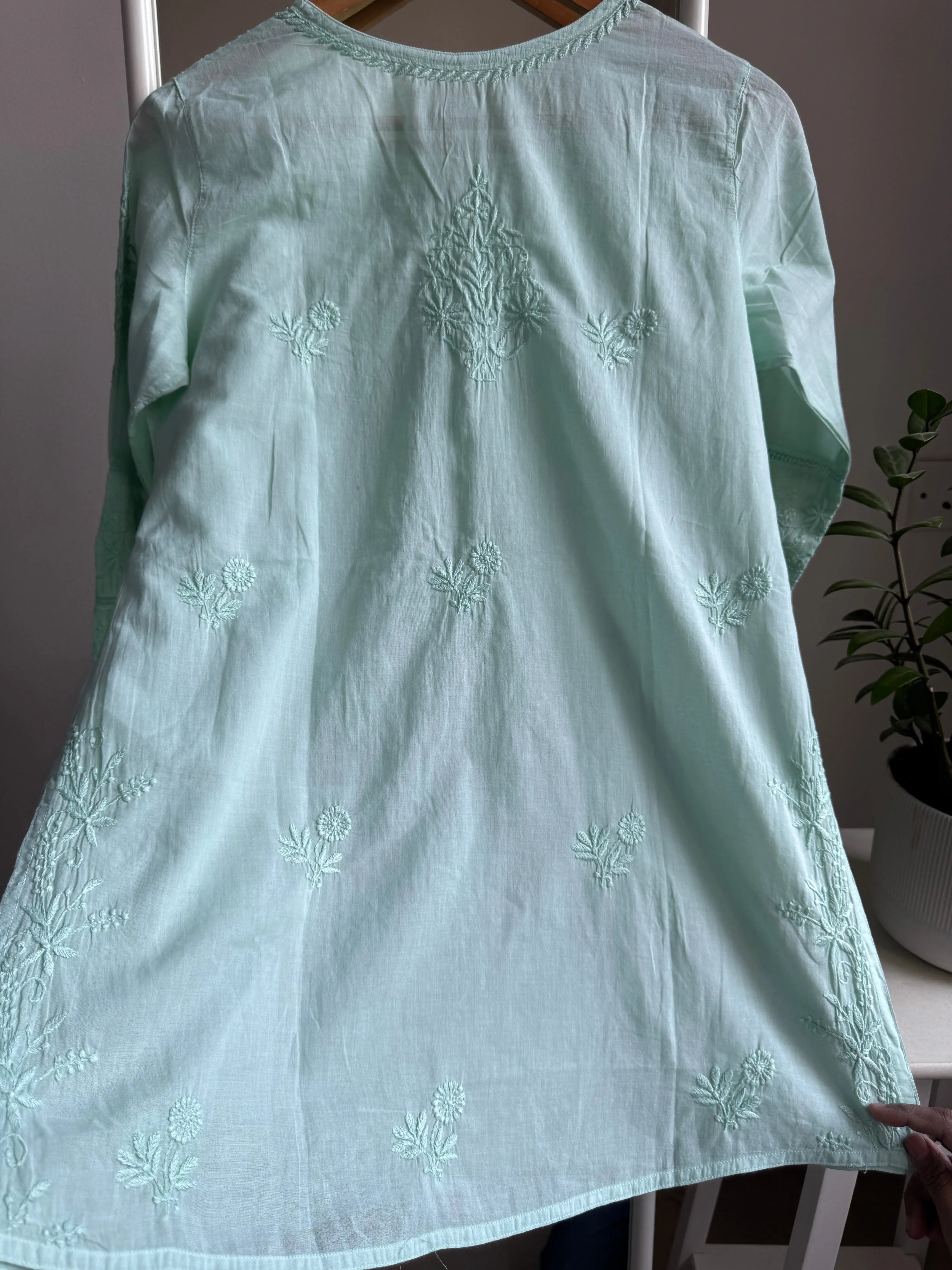 Mul Cotton Chikankari Full sleeves short Top - Green ARIAA CHIKANKARI