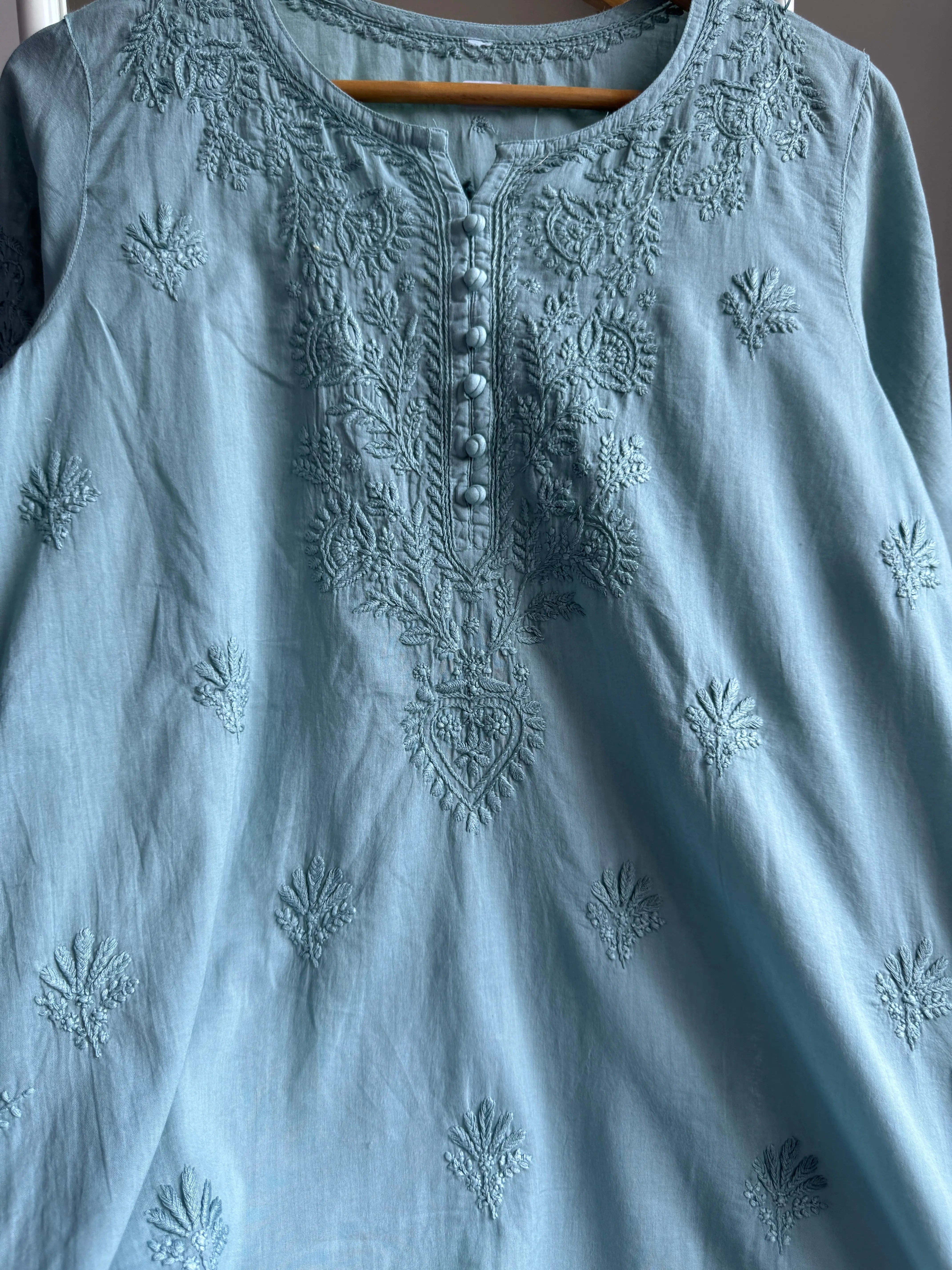 Mul Cotton Chikankari Full sleeves short Top - Green ARIAA CHIKANKARI