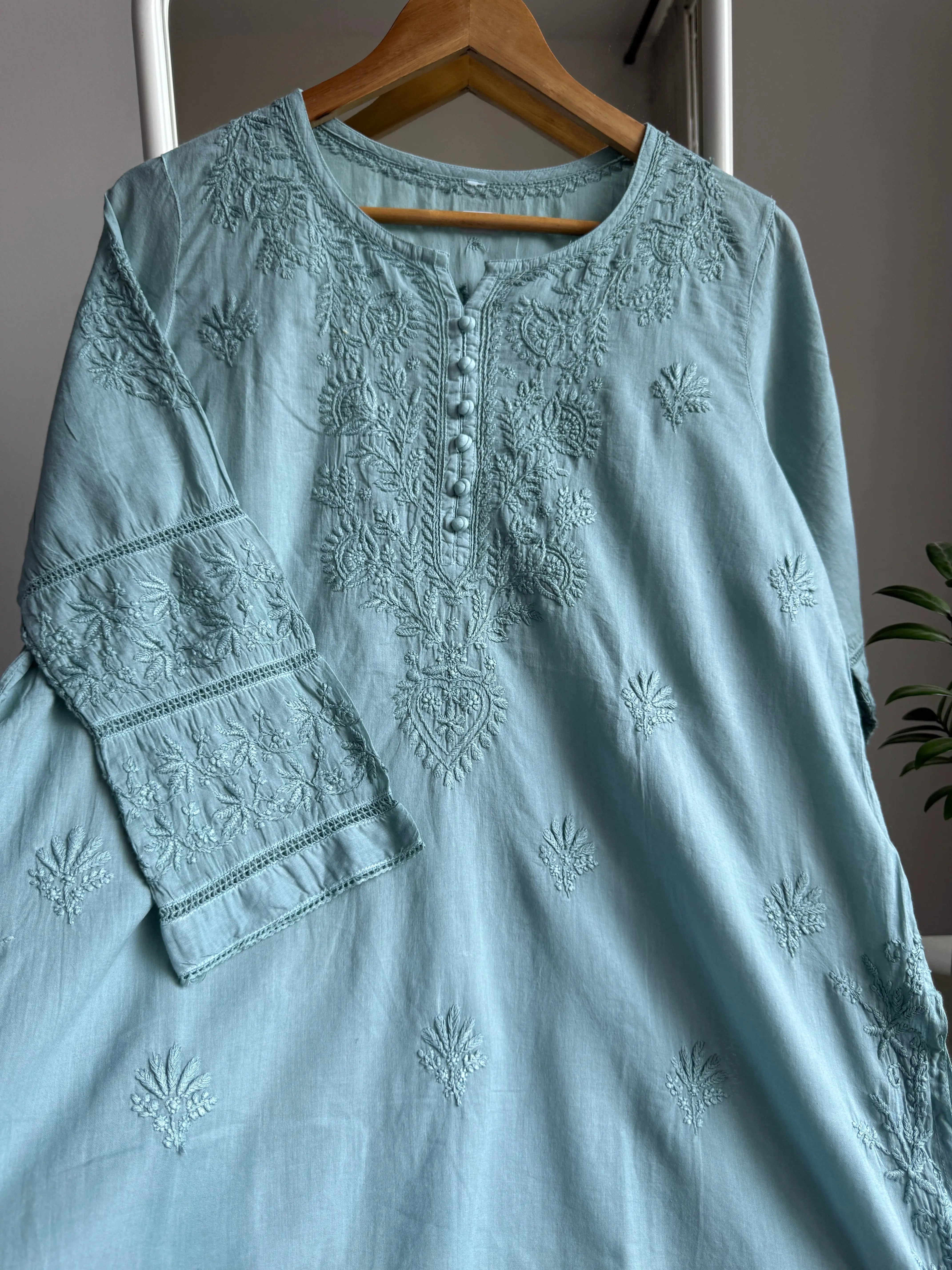 Mul Cotton Chikankari Full sleeves short Top - Green ARIAA CHIKANKARI