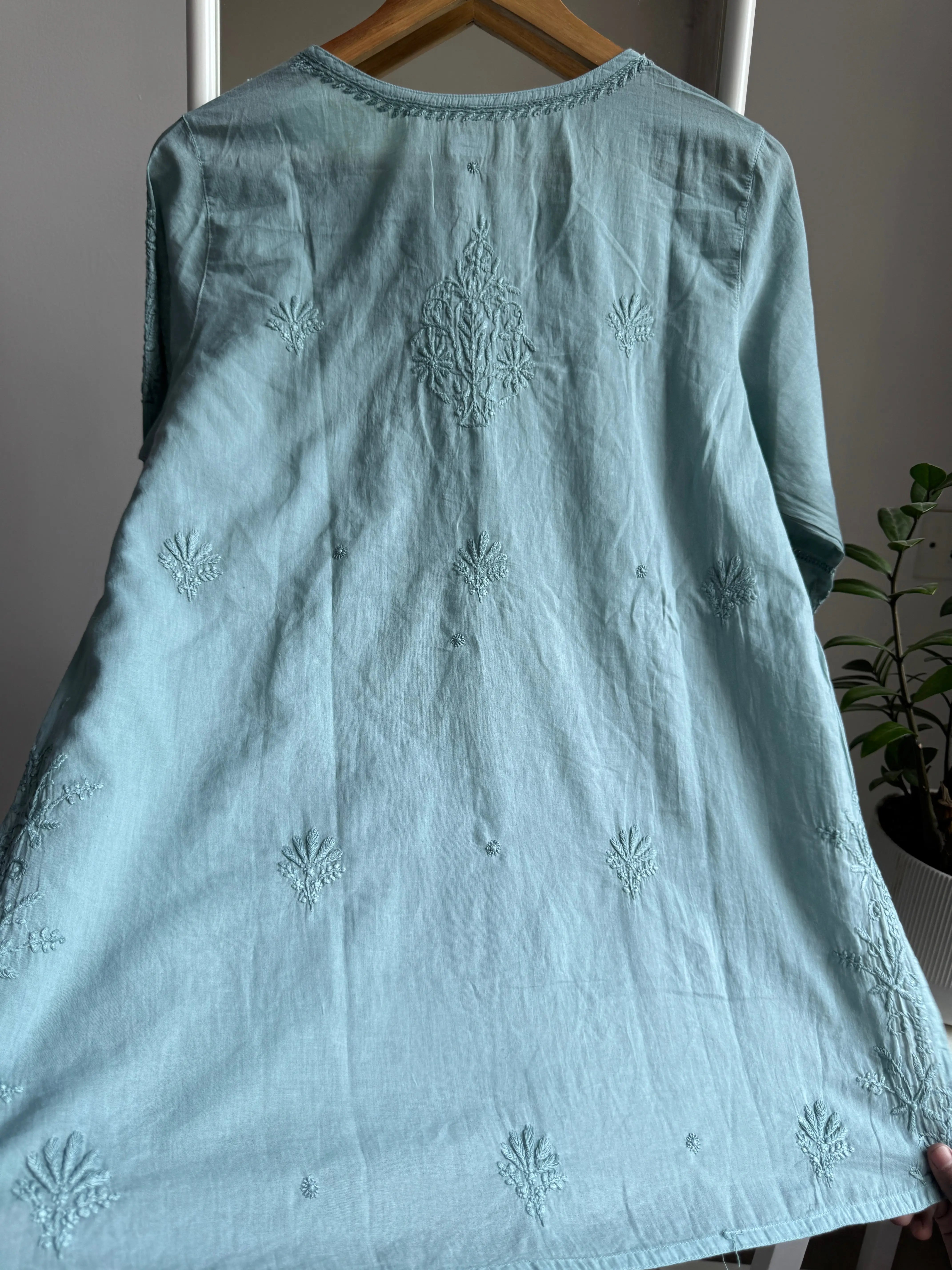 Mul Cotton Chikankari Full sleeves short Top - Green ARIAA CHIKANKARI