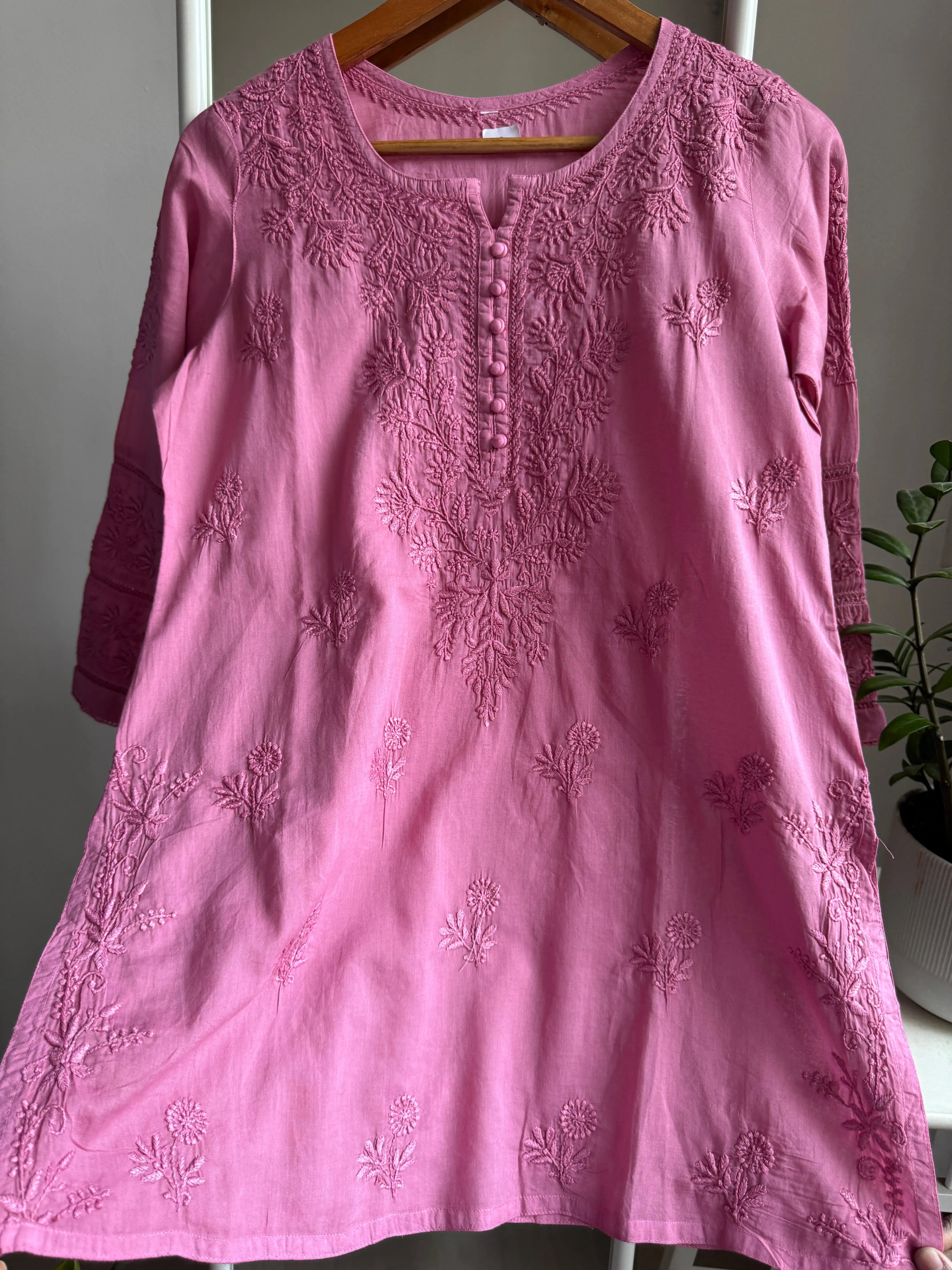Mul Cotton Chikankari Full sleeves short Top - Rosewood ARIAA CHIKANKARI