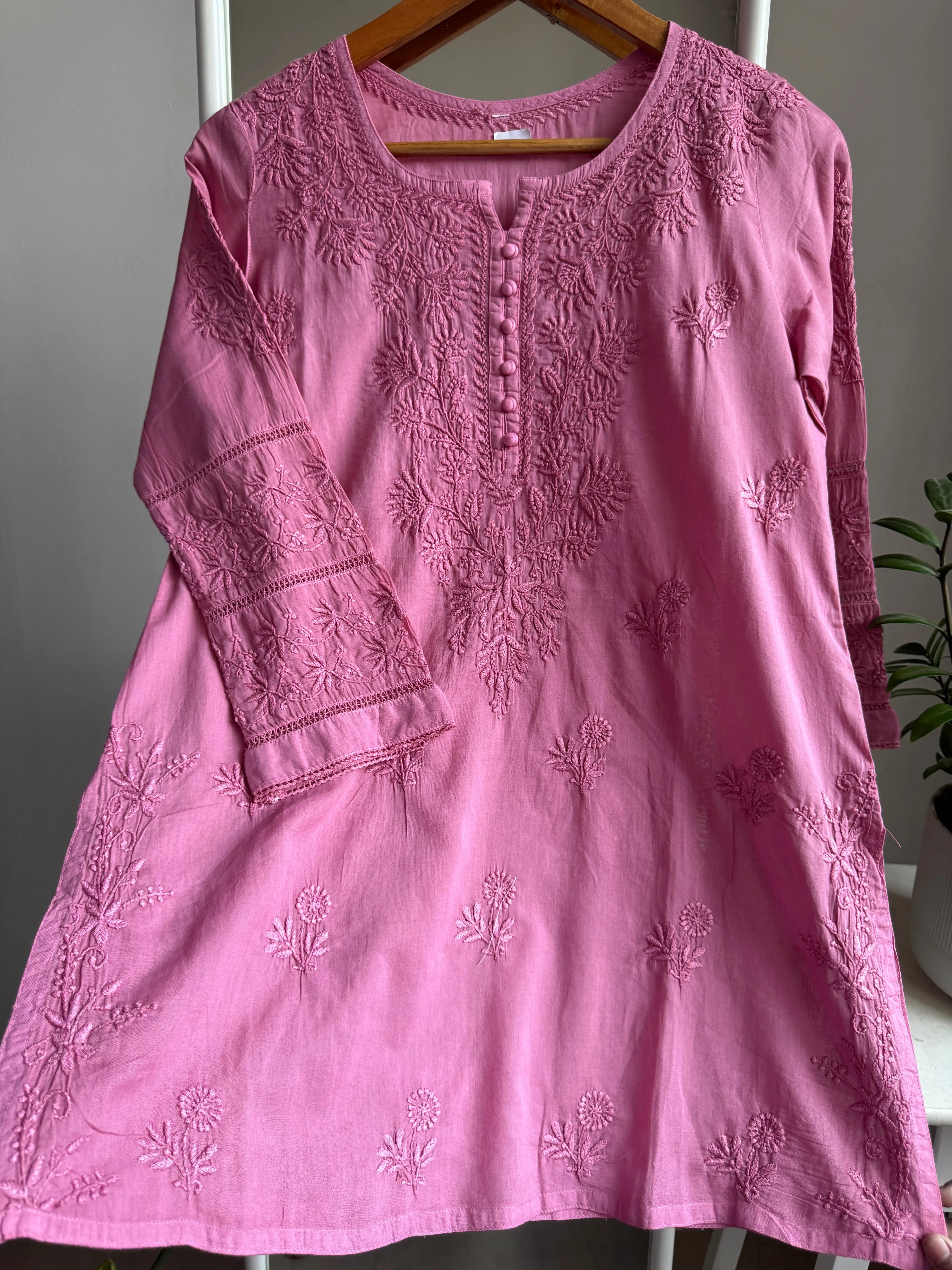 Mul Cotton Chikankari Full sleeves short Top - Rosewood ARIAA CHIKANKARI