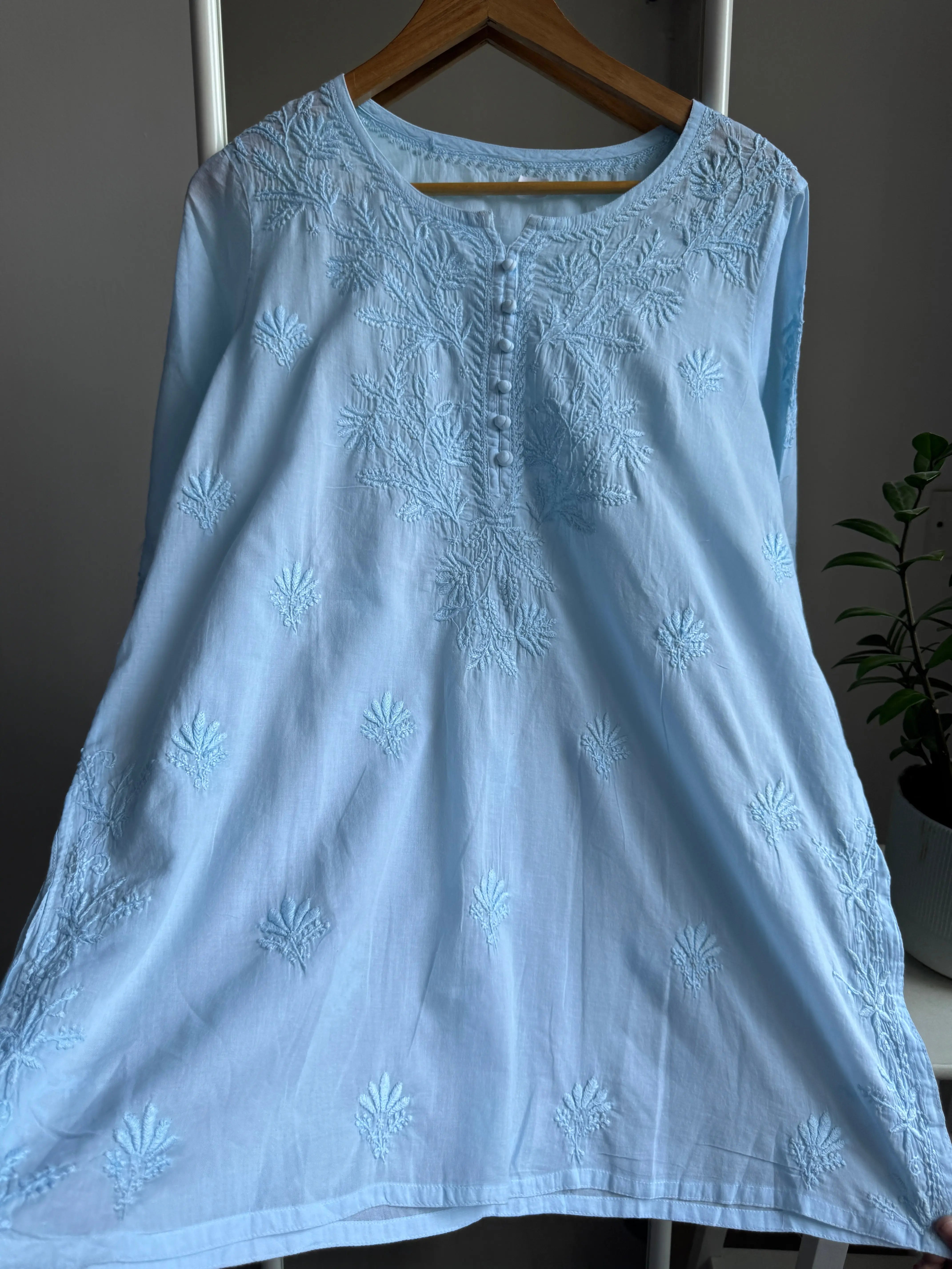Mul Cotton Chikankari Full sleeves short Top - Blue ARIAA CHIKANKARI