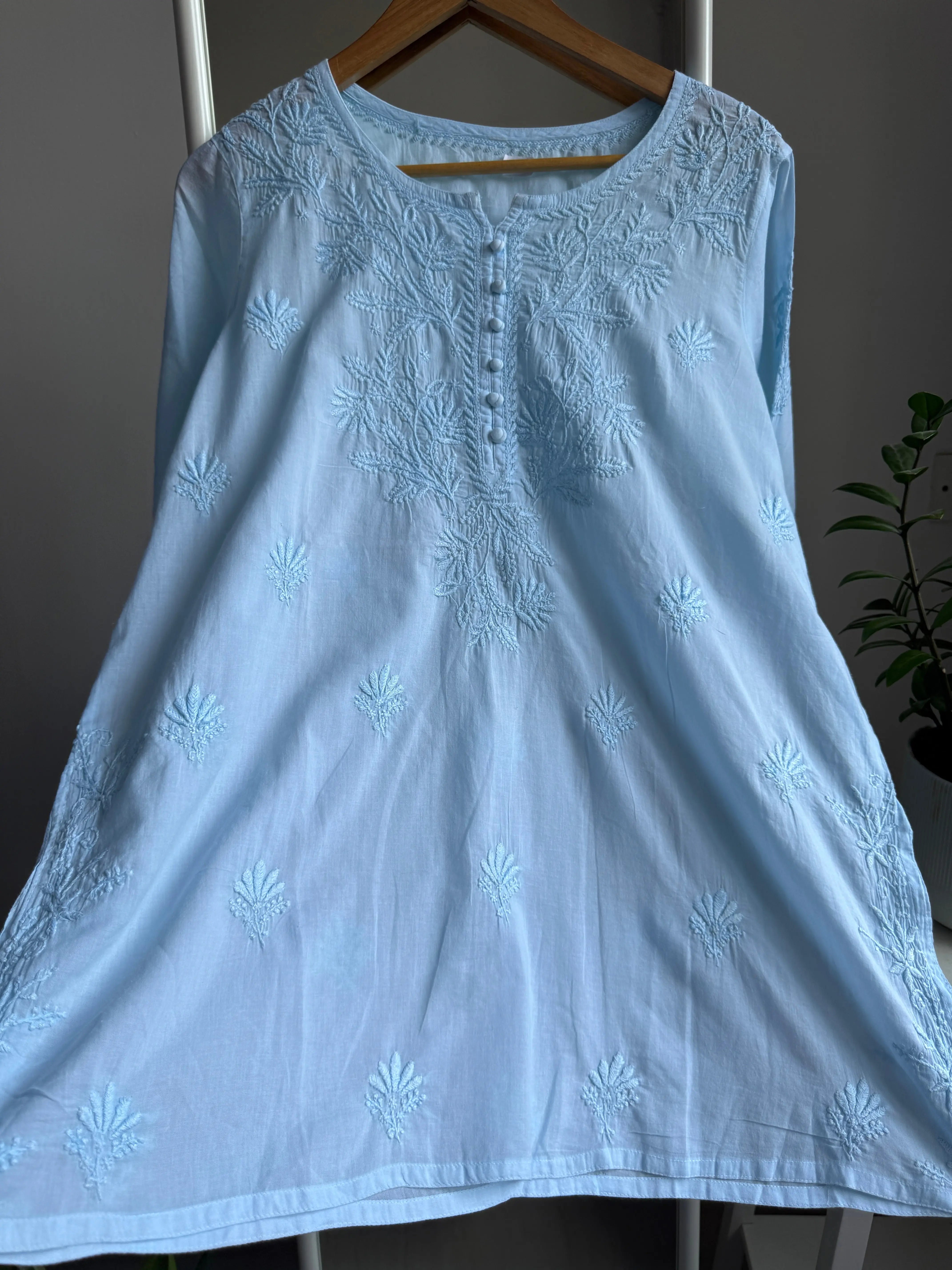 Mul Cotton Chikankari Full sleeves short Top - Blue ARIAA CHIKANKARI
