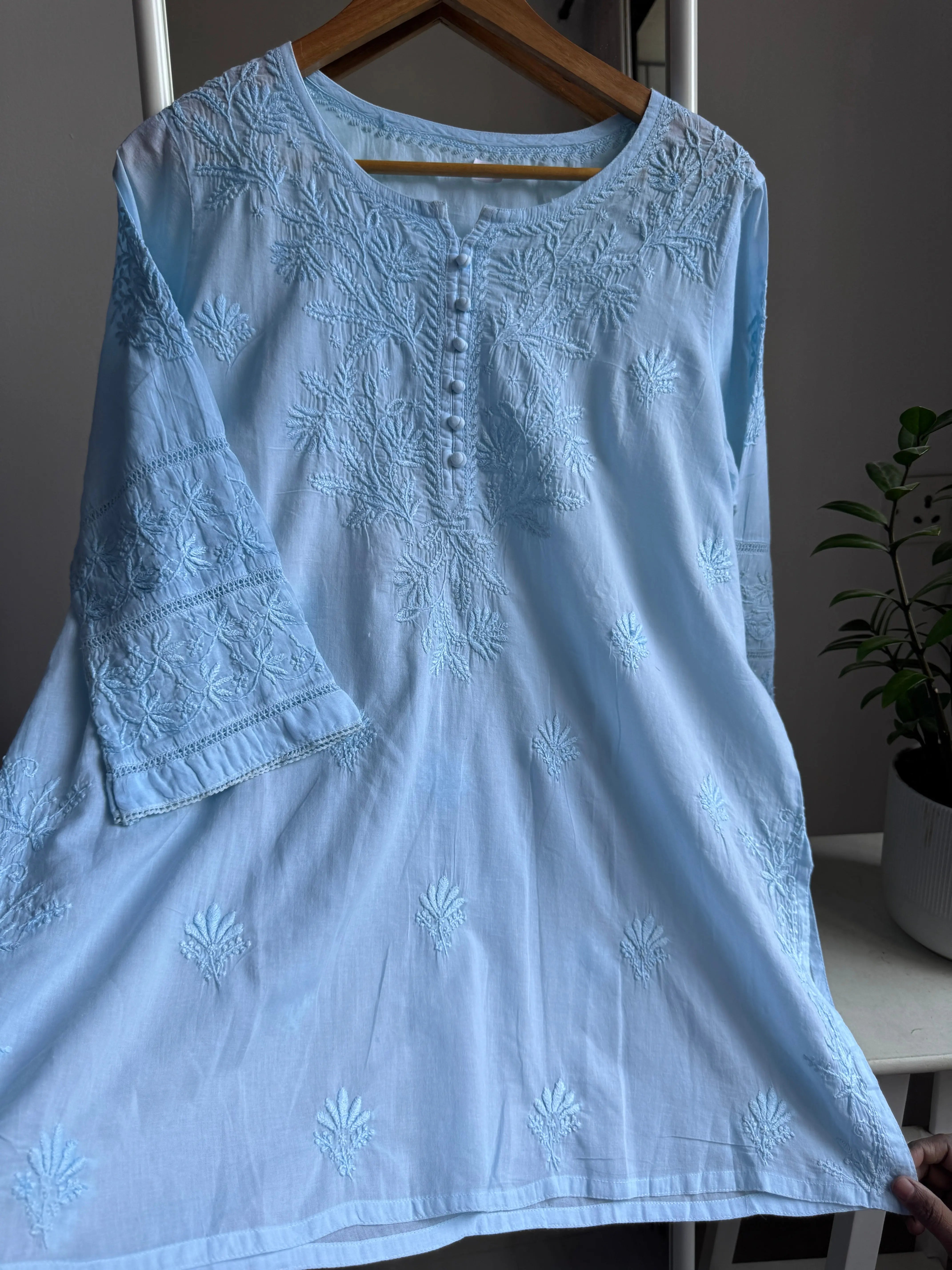 Mul Cotton Chikankari Full sleeves short Top - Blue ARIAA CHIKANKARI