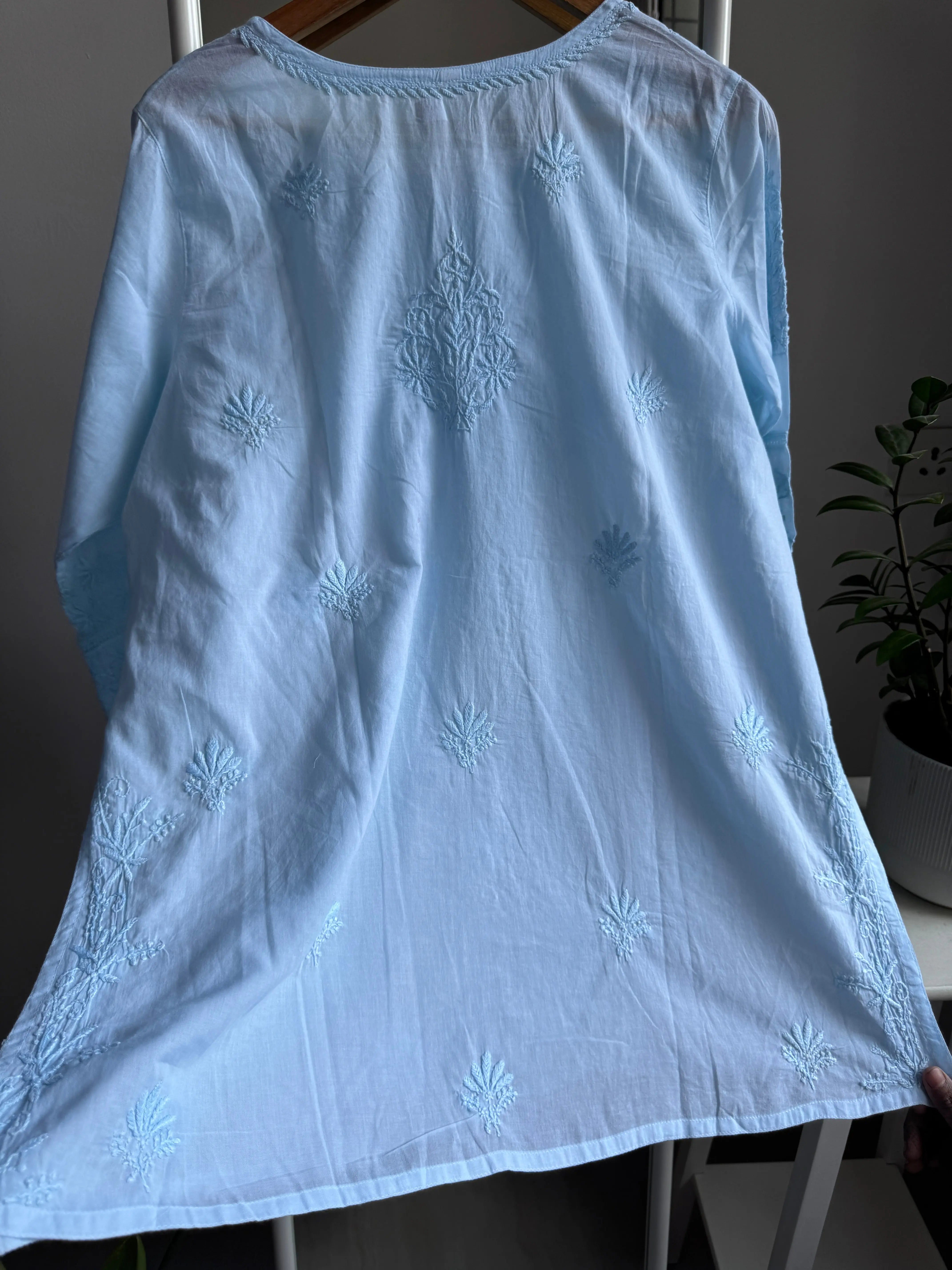 Mul Cotton Chikankari Full sleeves short Top - Blue ARIAA CHIKANKARI