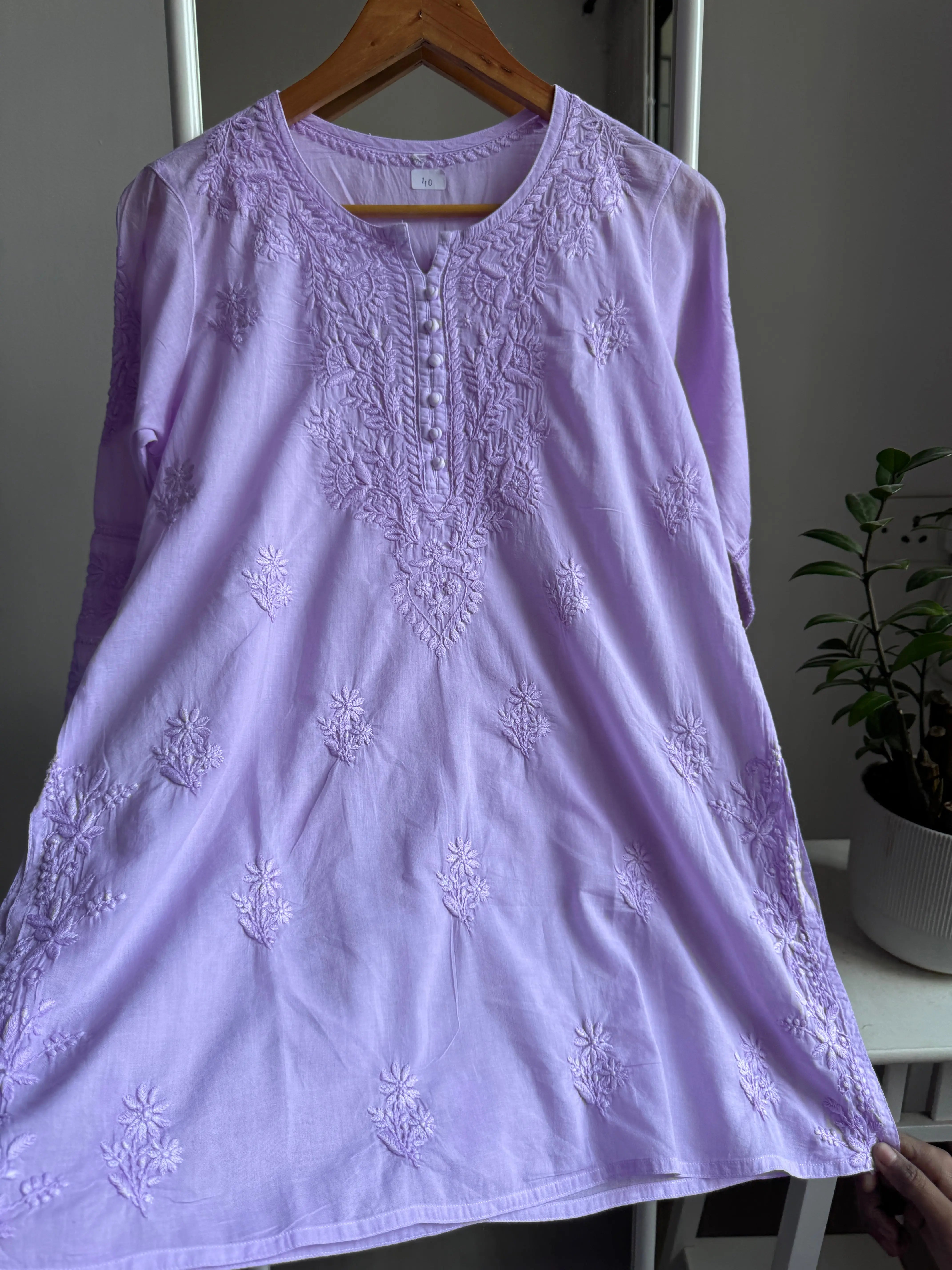 Mul Cotton Chikankari Full sleeves short Top - Lilac ARIAA CHIKANKARI