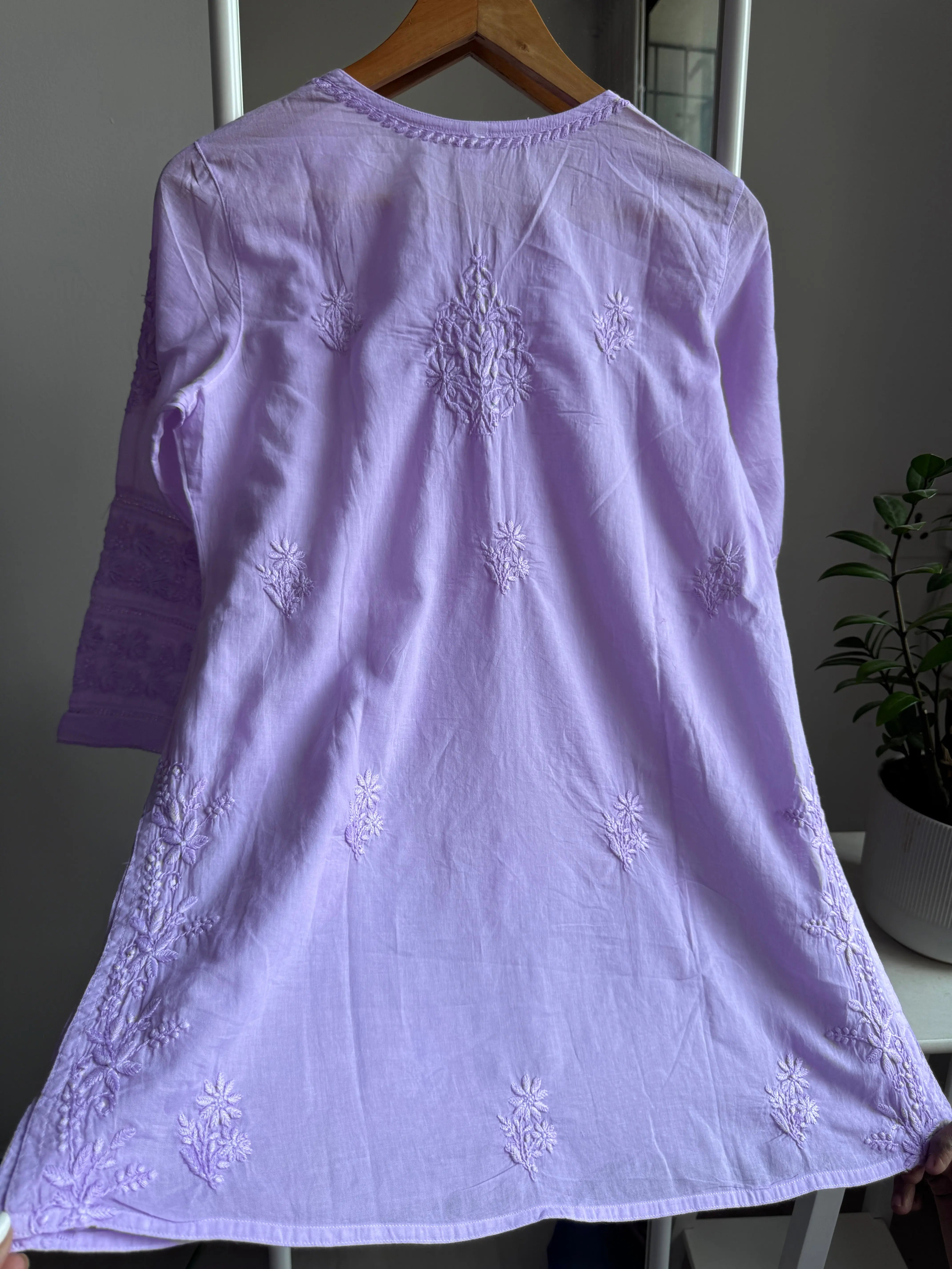 Mul Cotton Chikankari Full sleeves short Top - Lilac ARIAA CHIKANKARI