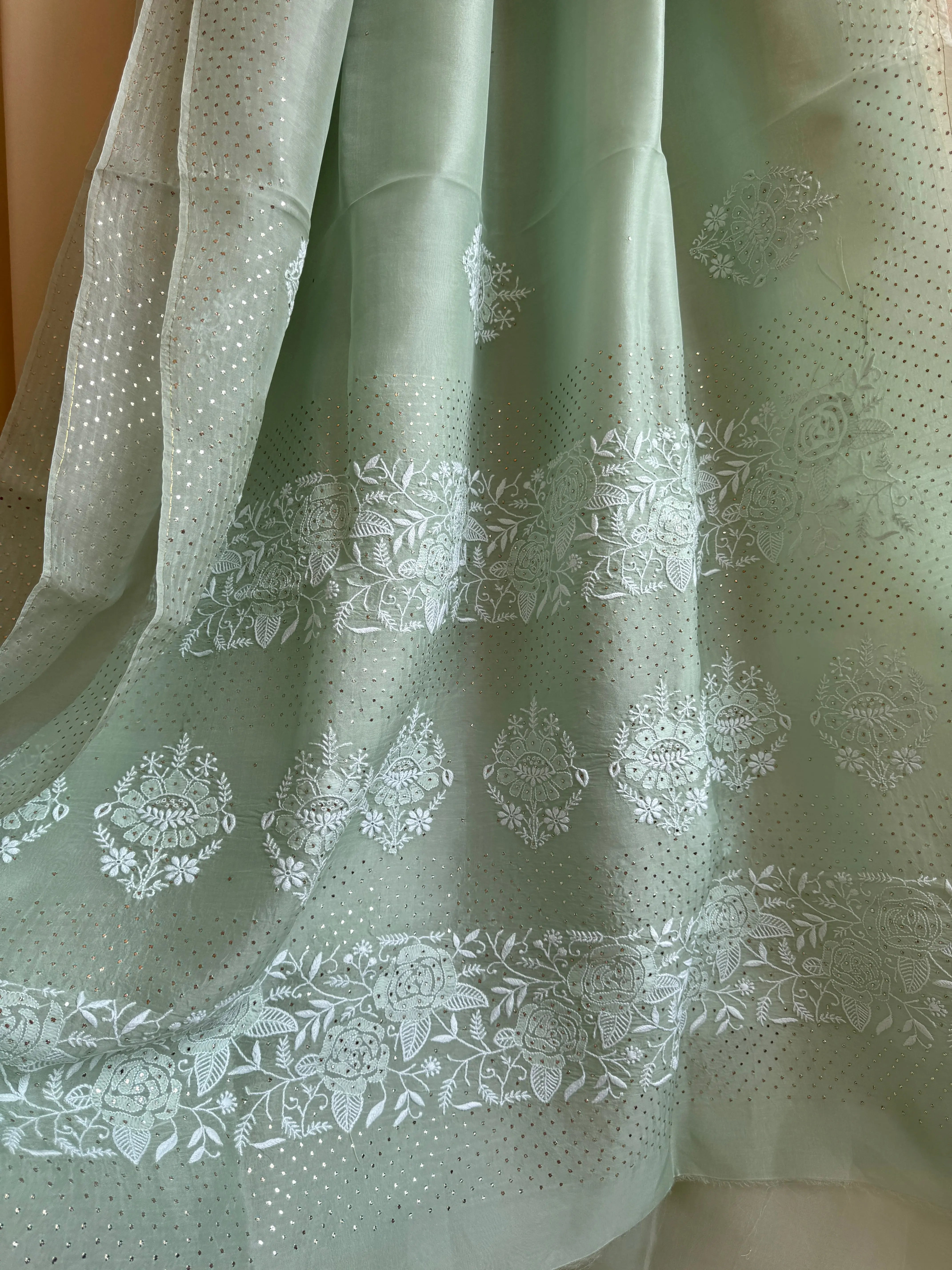 Pure organza Chikankari saree in Green with Mukaish work ARIAA CHIKANKARI