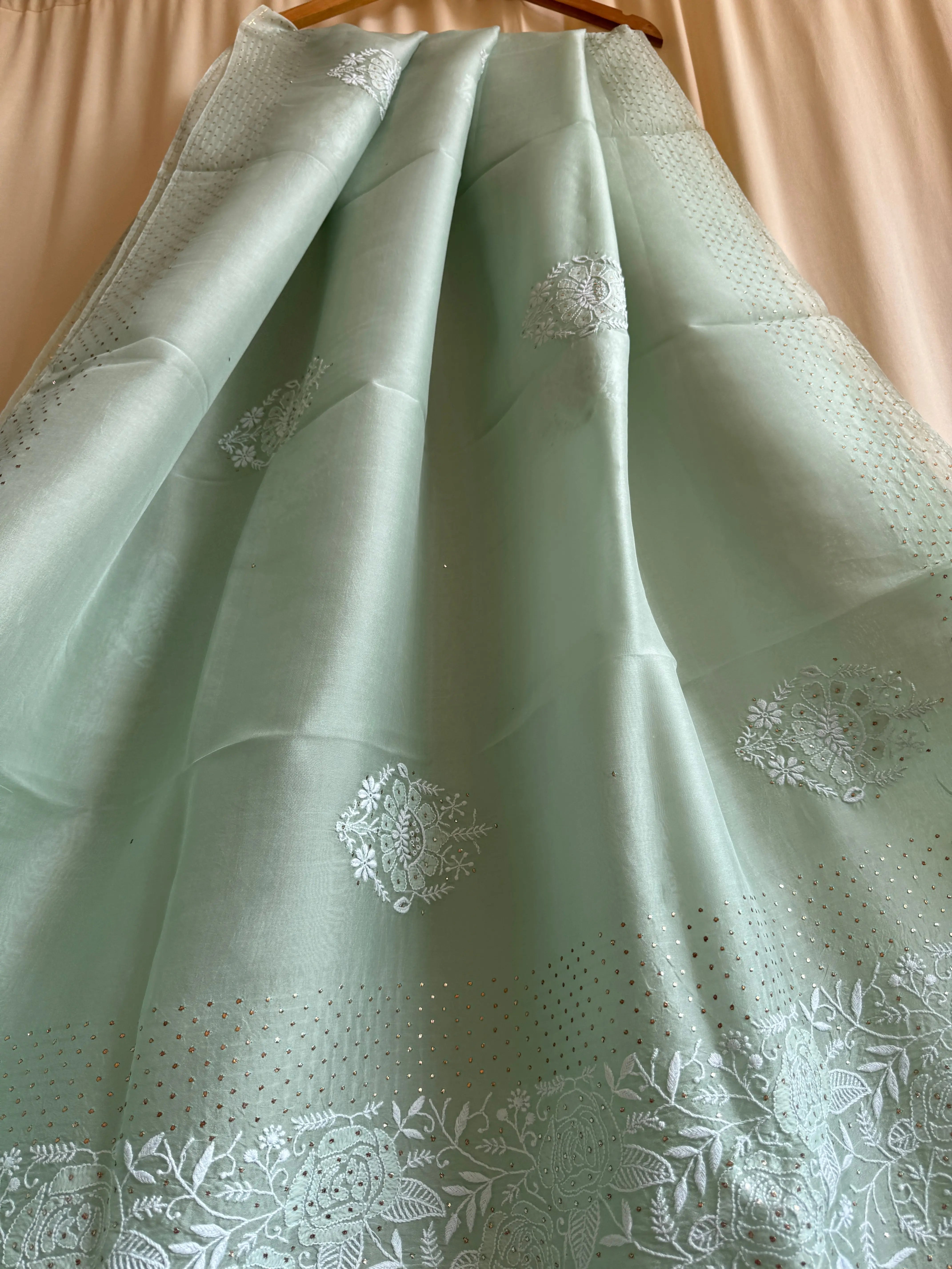 Pure organza Chikankari saree in Green with Mukaish work ARIAA CHIKANKARI