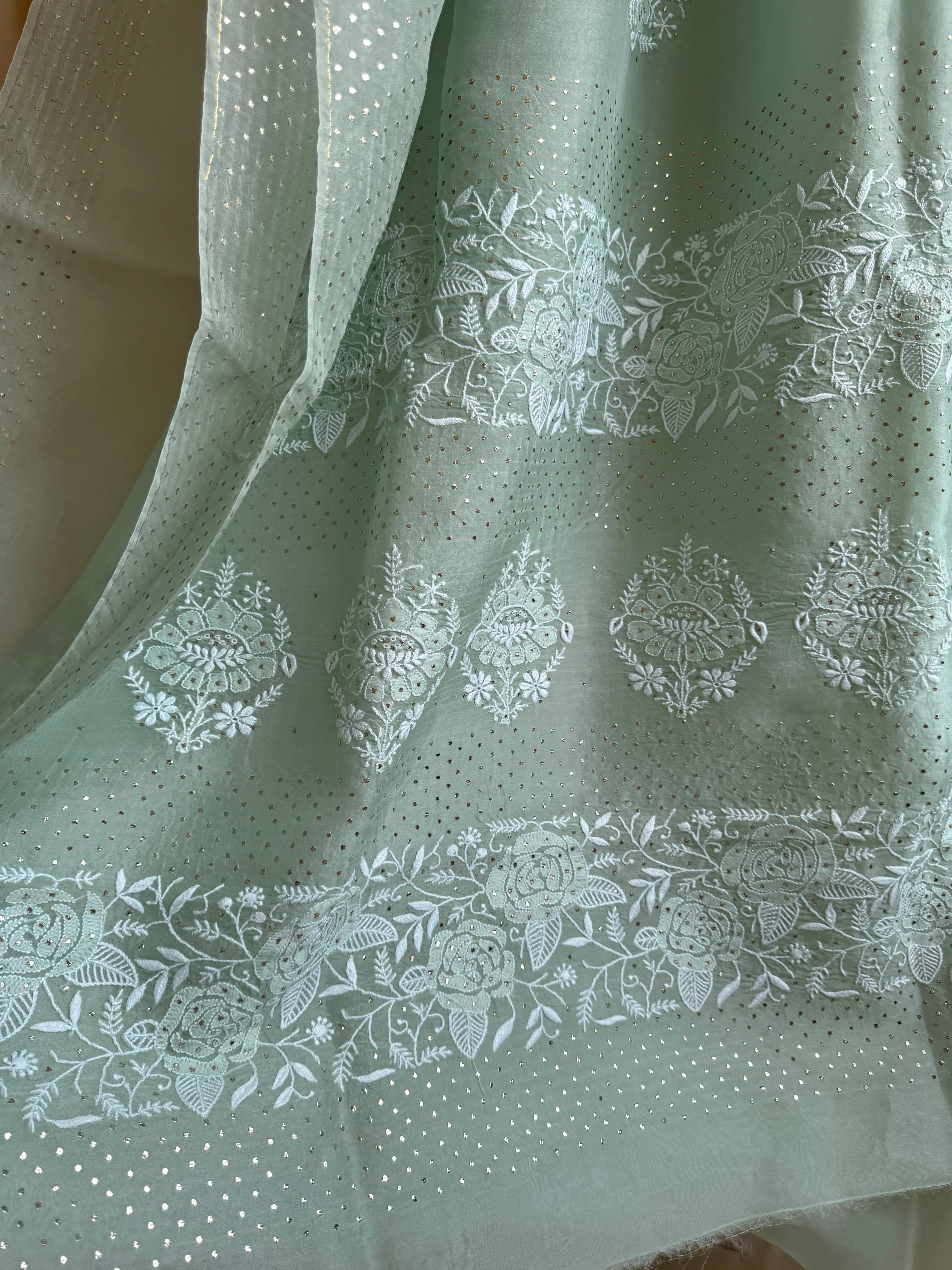 Pure organza Chikankari saree in Green with Mukaish work ARIAA CHIKANKARI