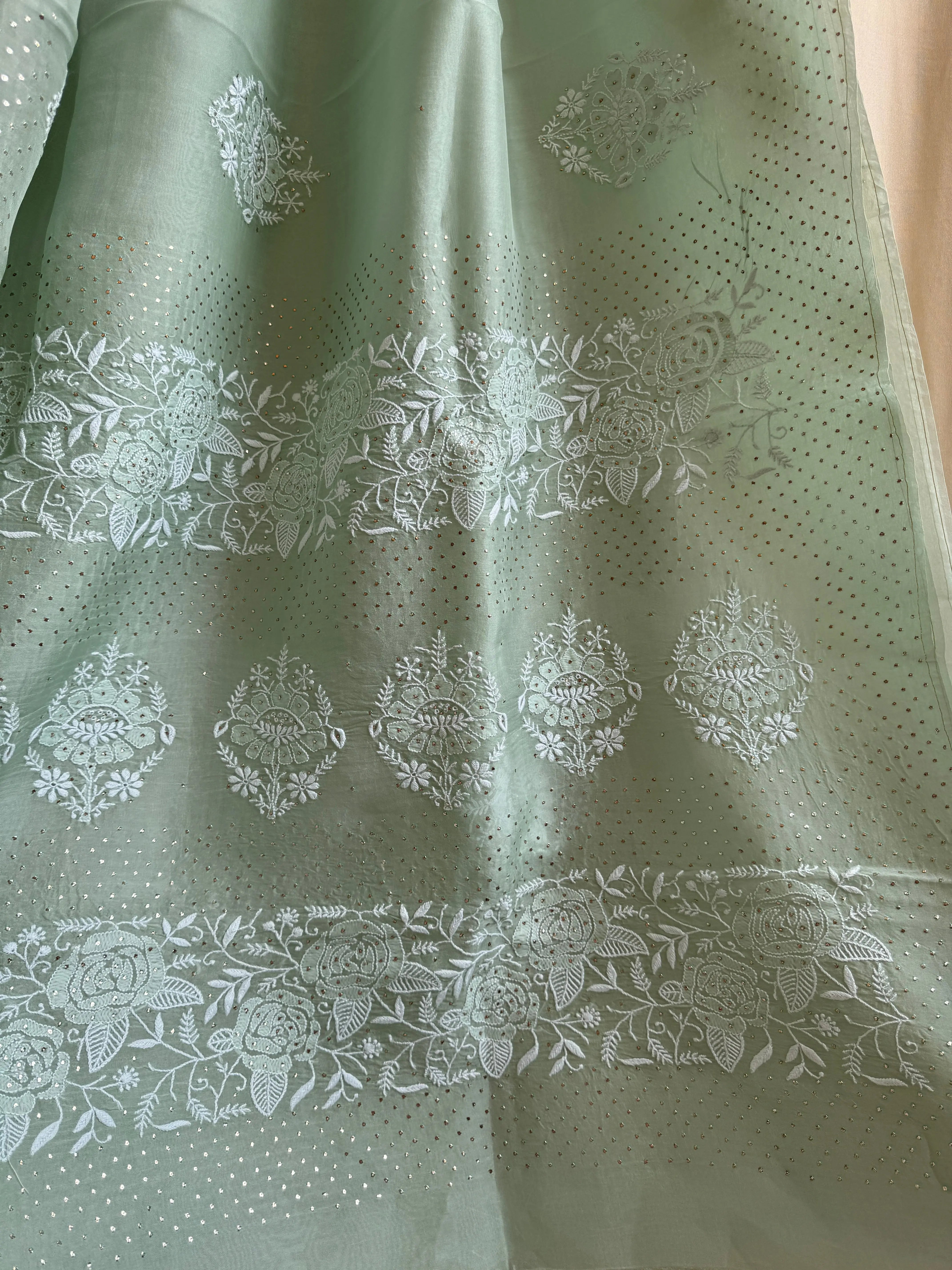 Pure organza Chikankari saree in Green with Mukaish work ARIAA CHIKANKARI