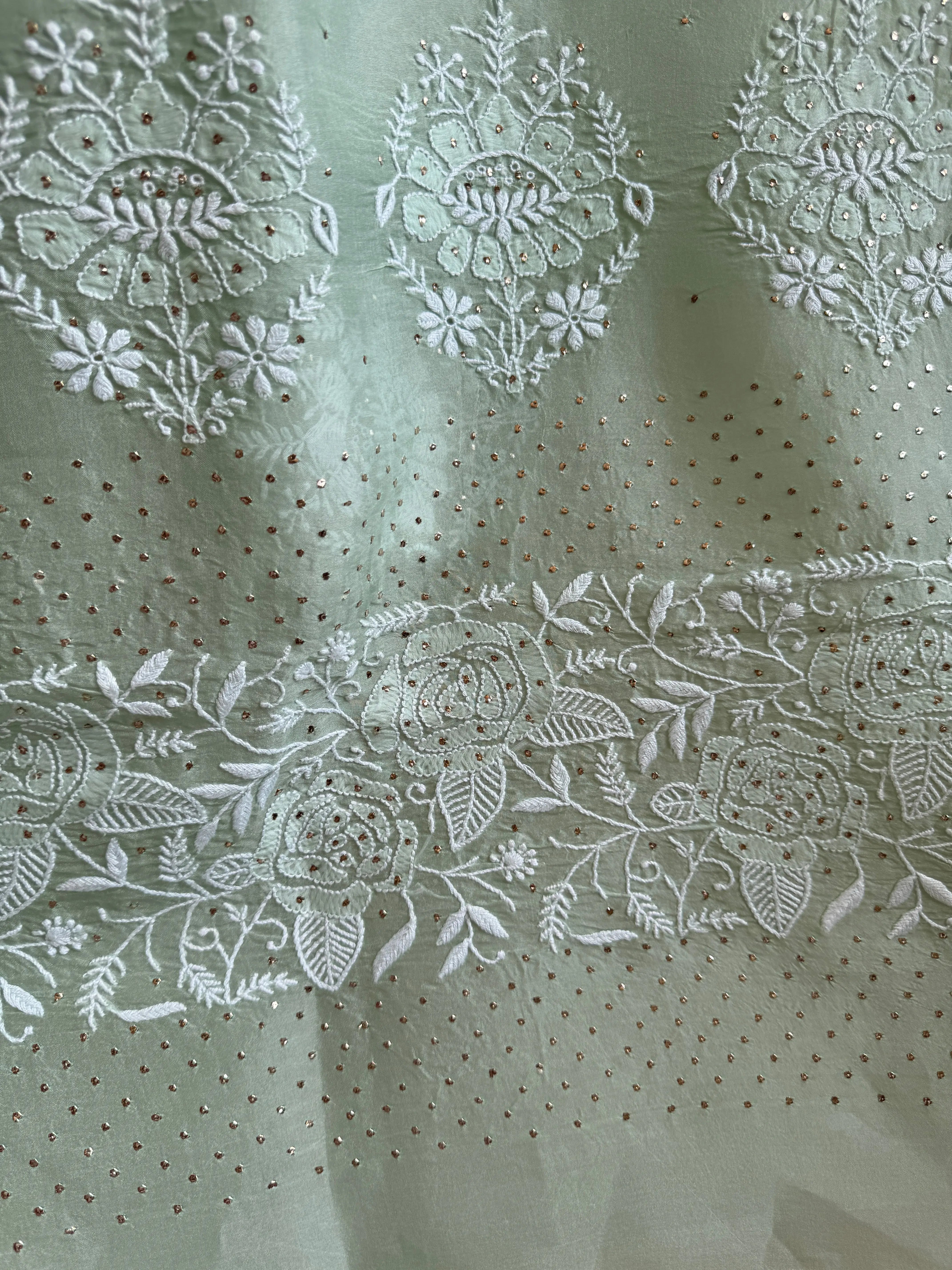 Pure organza Chikankari saree in Green with Mukaish work ARIAA CHIKANKARI
