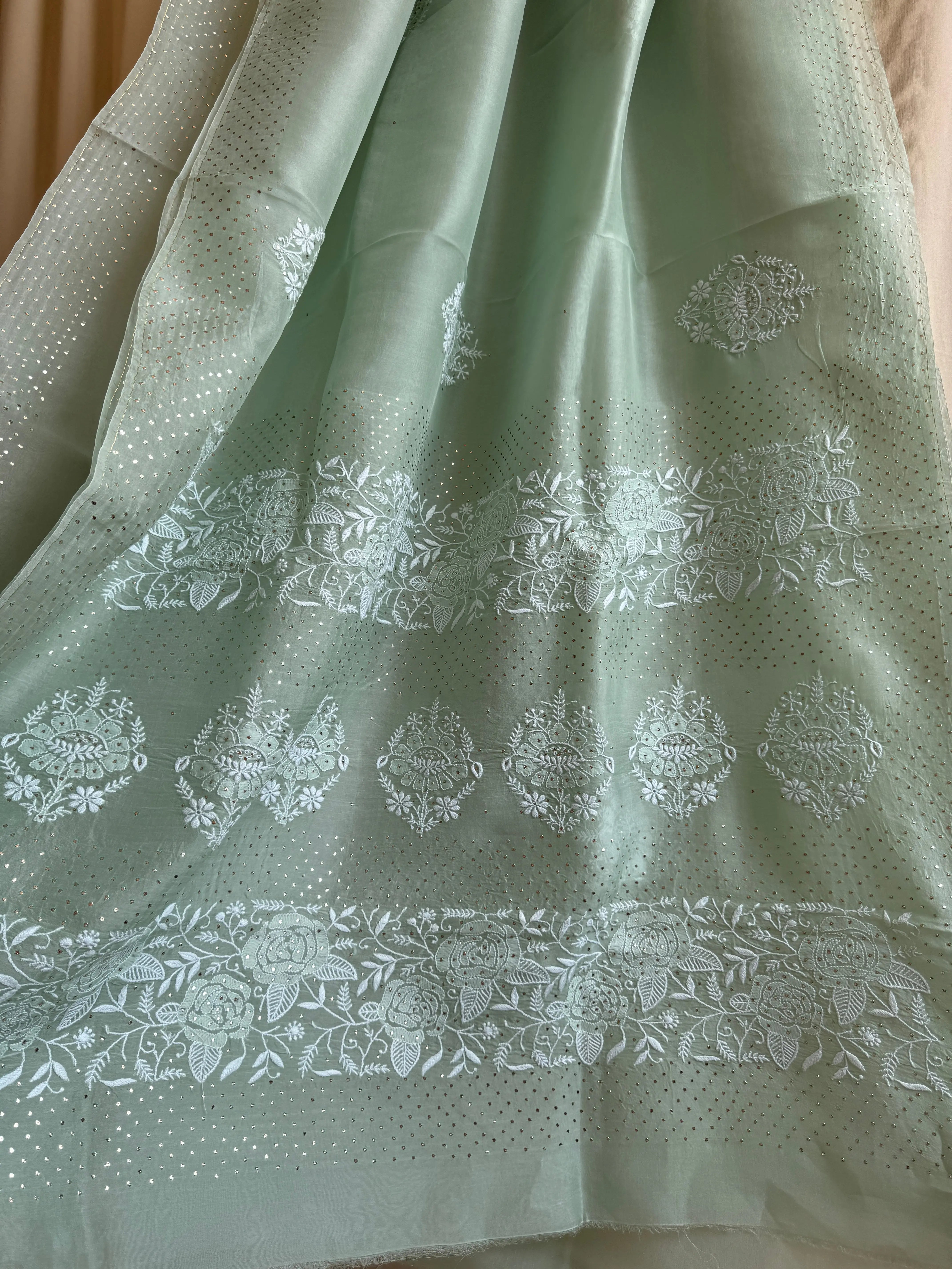 Pure organza Chikankari saree in Green with Mukaish work ARIAA CHIKANKARI