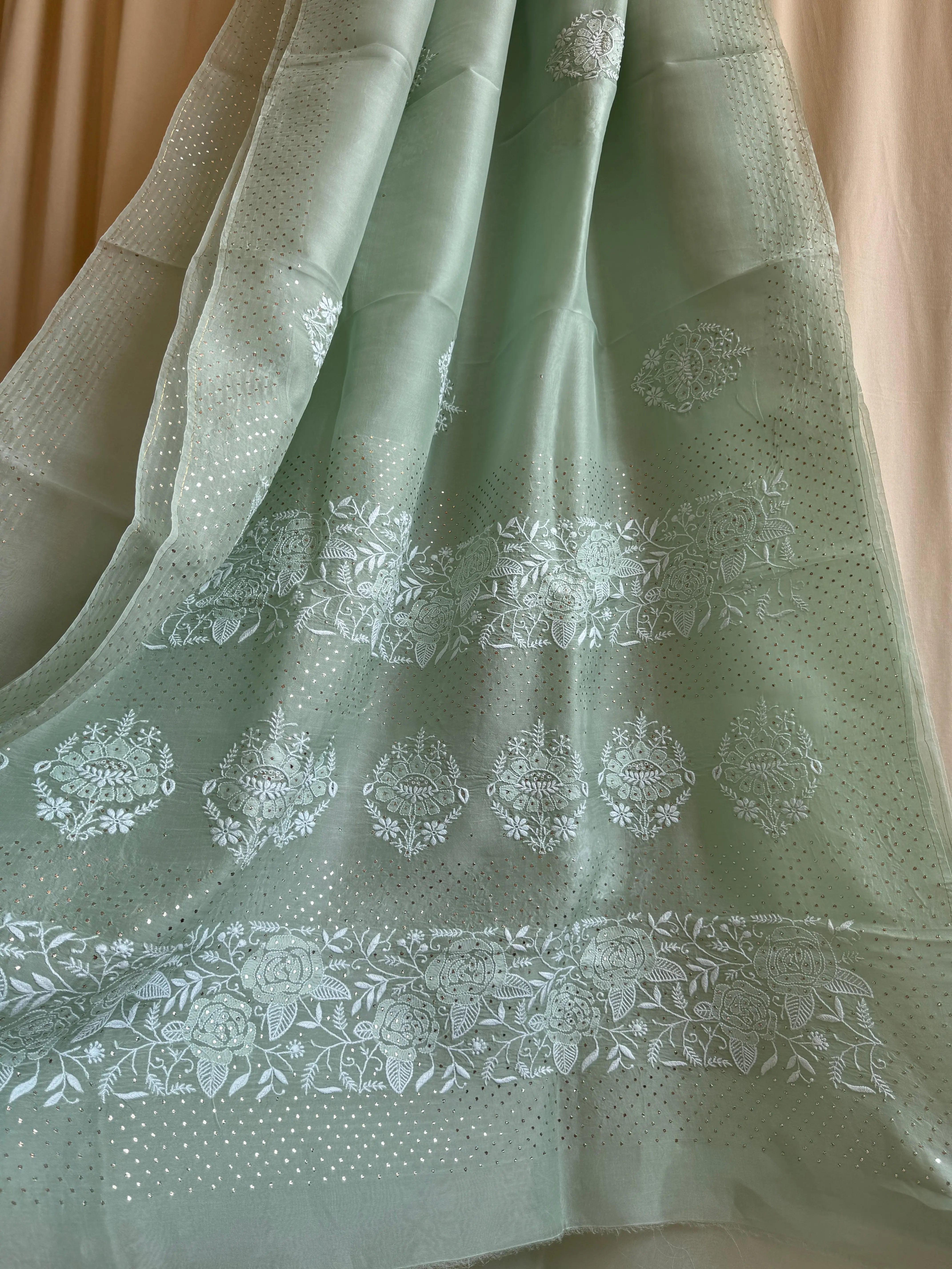 Pure organza Chikankari saree in Green with Mukaish work ARIAA CHIKANKARI