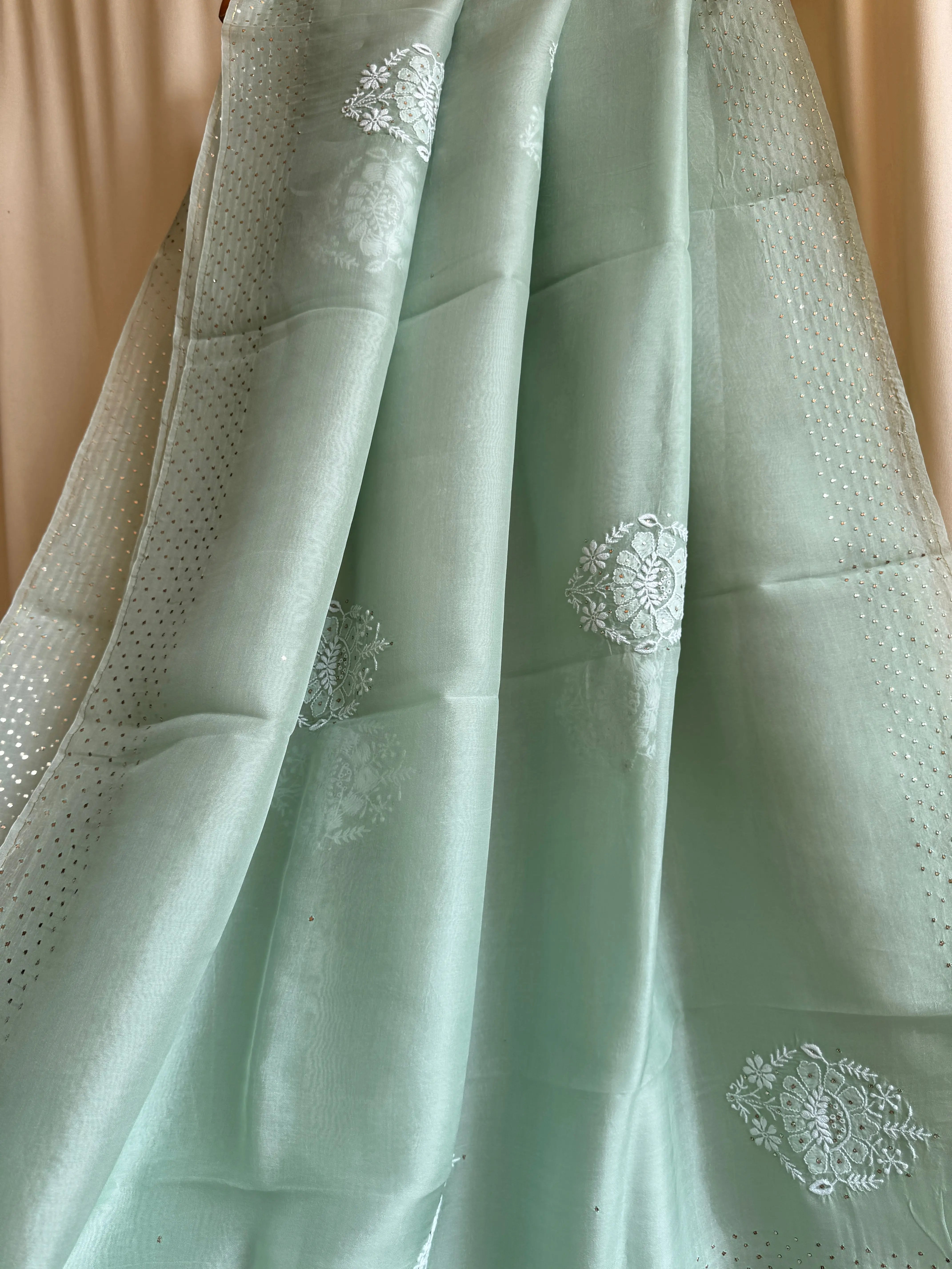 Pure organza Chikankari saree in Green with Mukaish work ARIAA CHIKANKARI