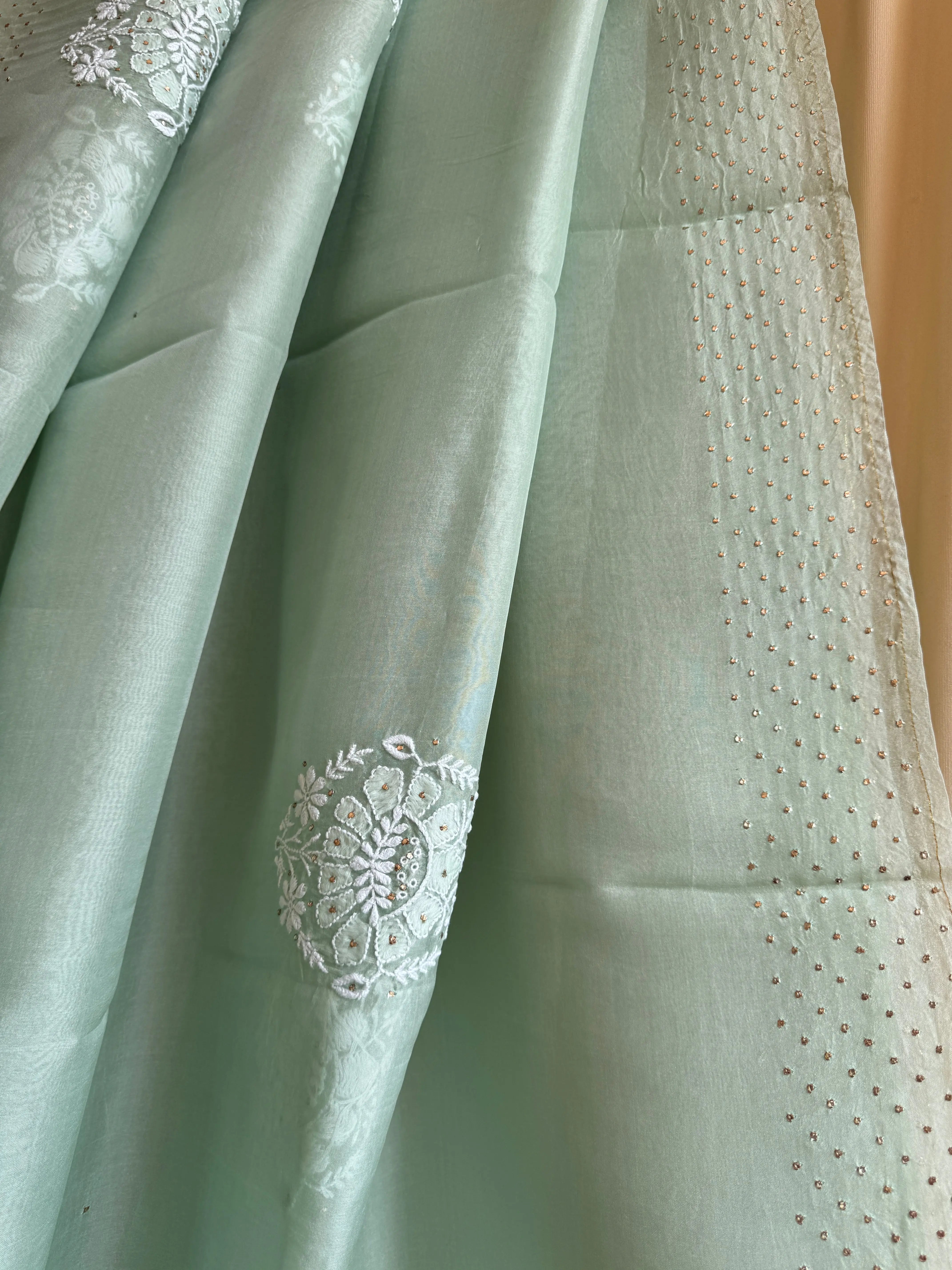Pure organza Chikankari saree in Green with Mukaish work ARIAA CHIKANKARI