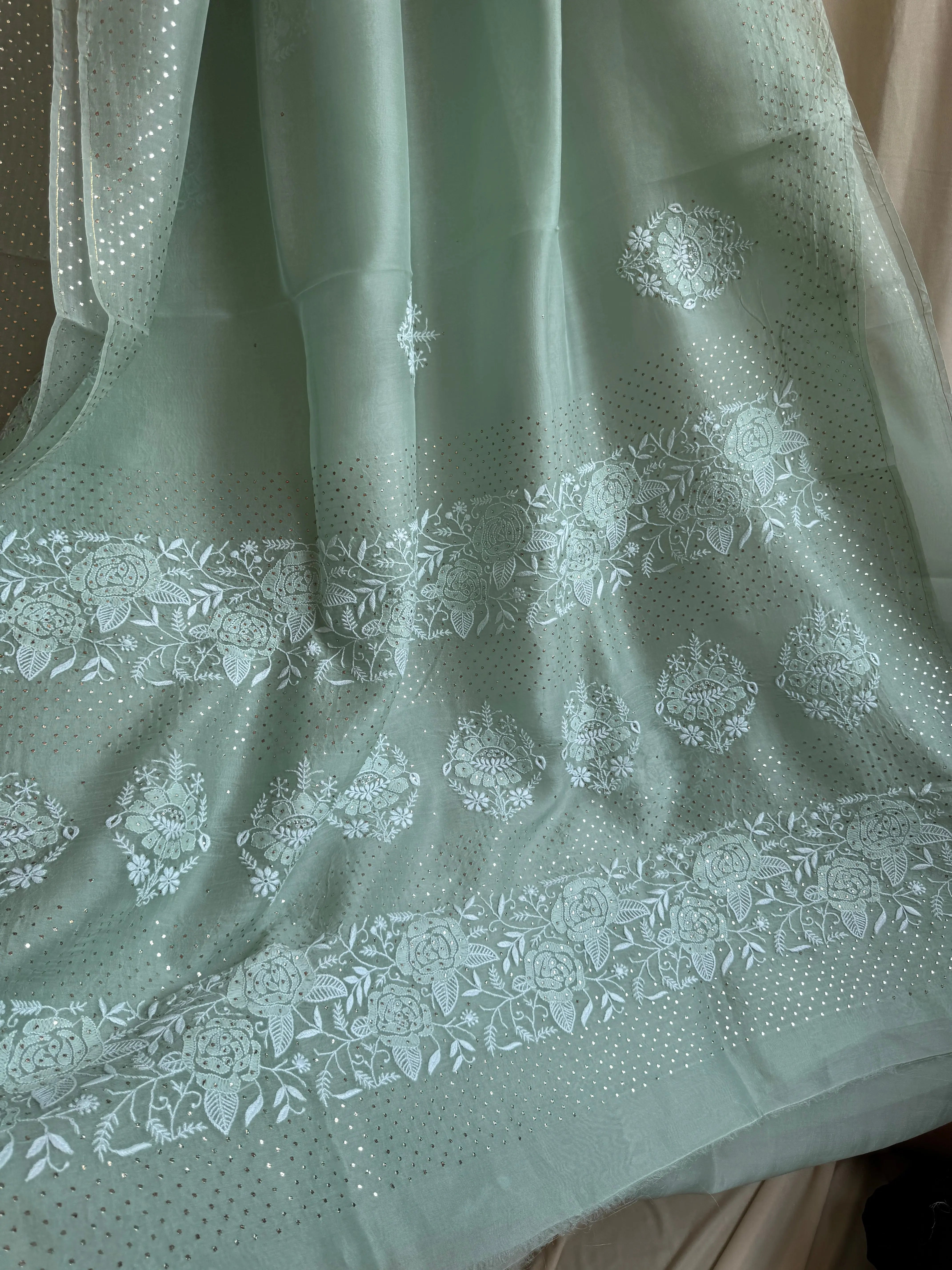 Pure organza Chikankari saree in Green with Mukaish work ARIAA CHIKANKARI