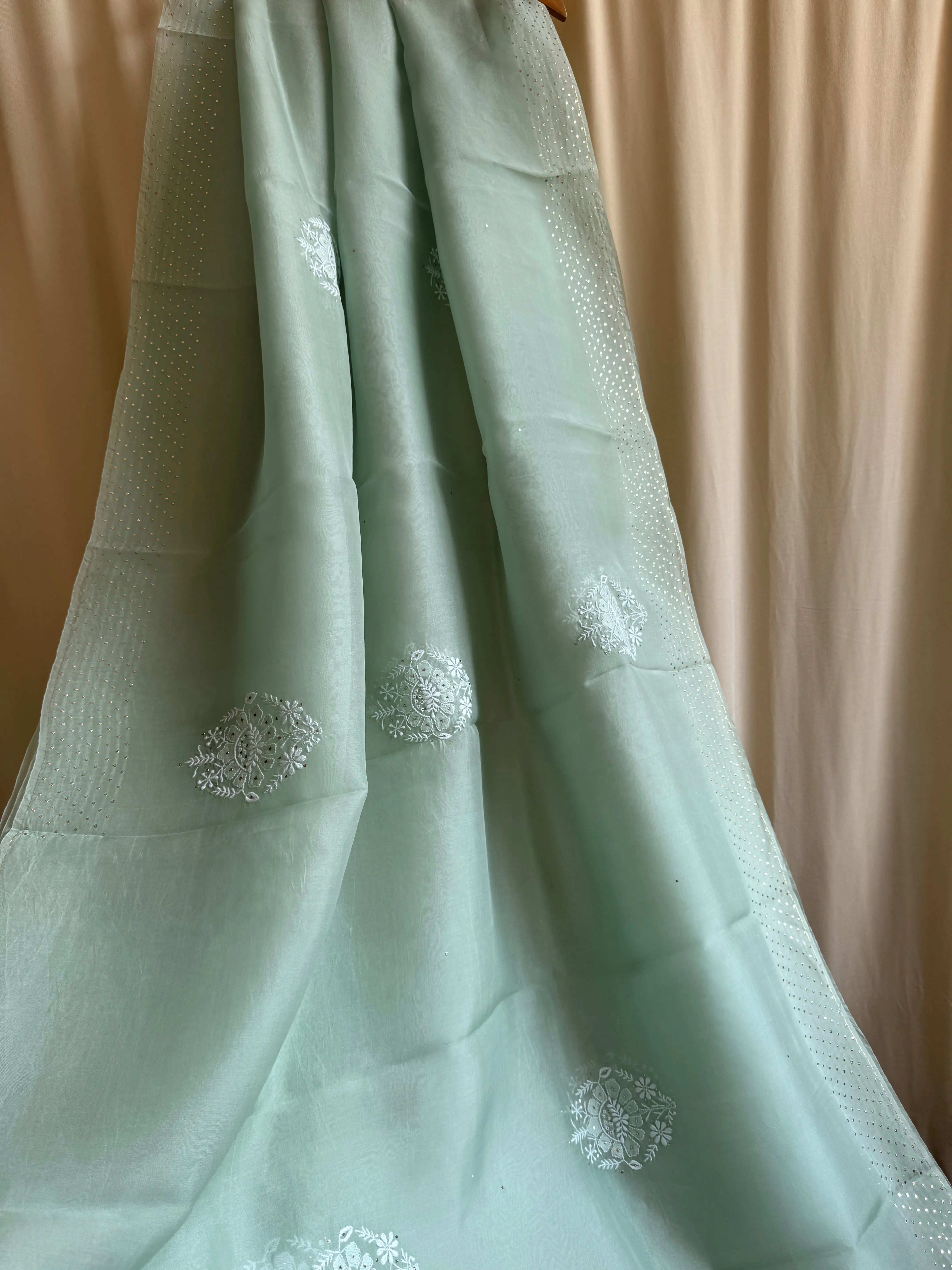 Pure organza Chikankari saree in Green with Mukaish work ARIAA CHIKANKARI