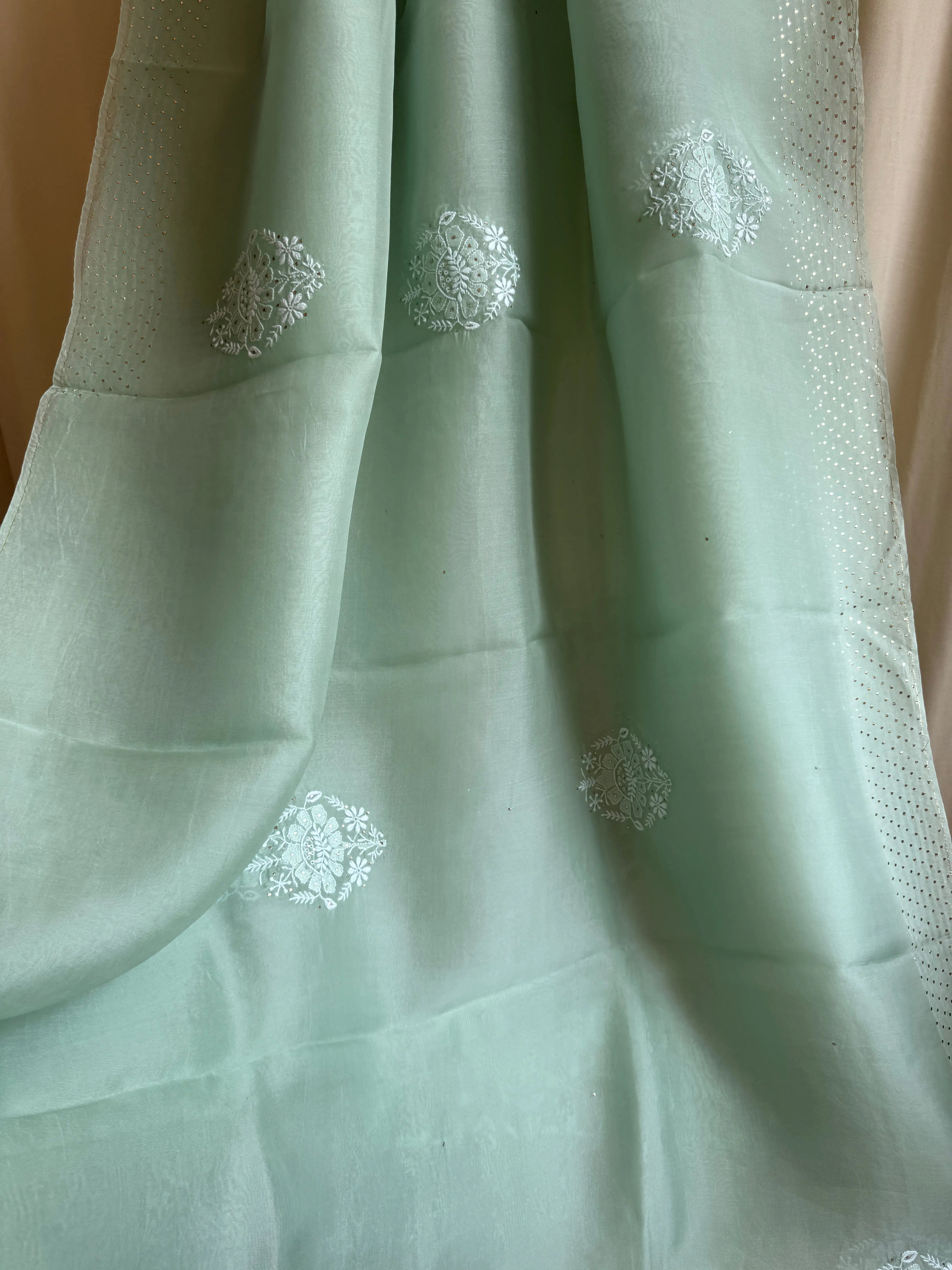 Pure organza Chikankari saree in Green with Mukaish work ARIAA CHIKANKARI