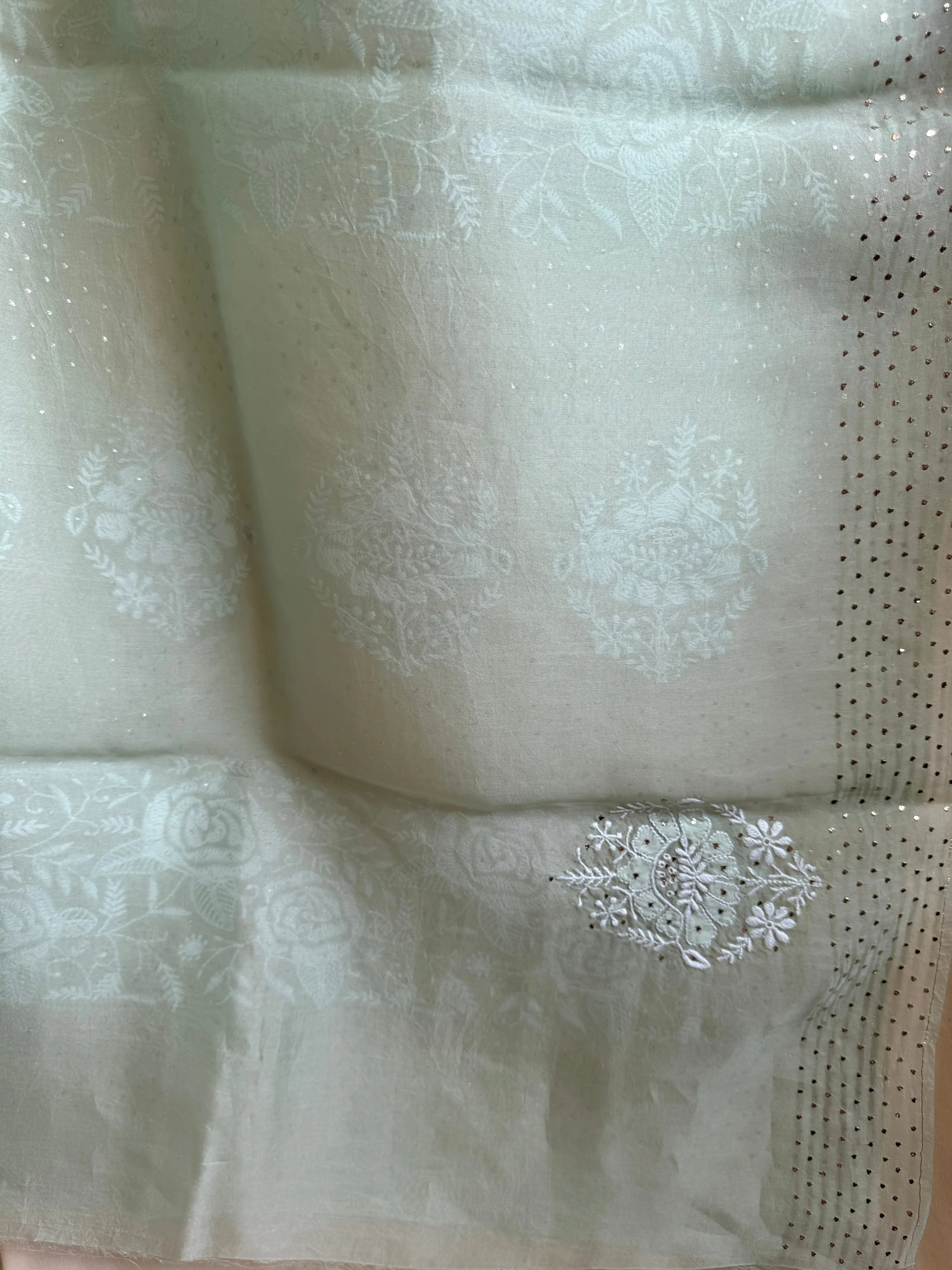 Pure organza Chikankari saree in Green with Mukaish work ARIAA CHIKANKARI