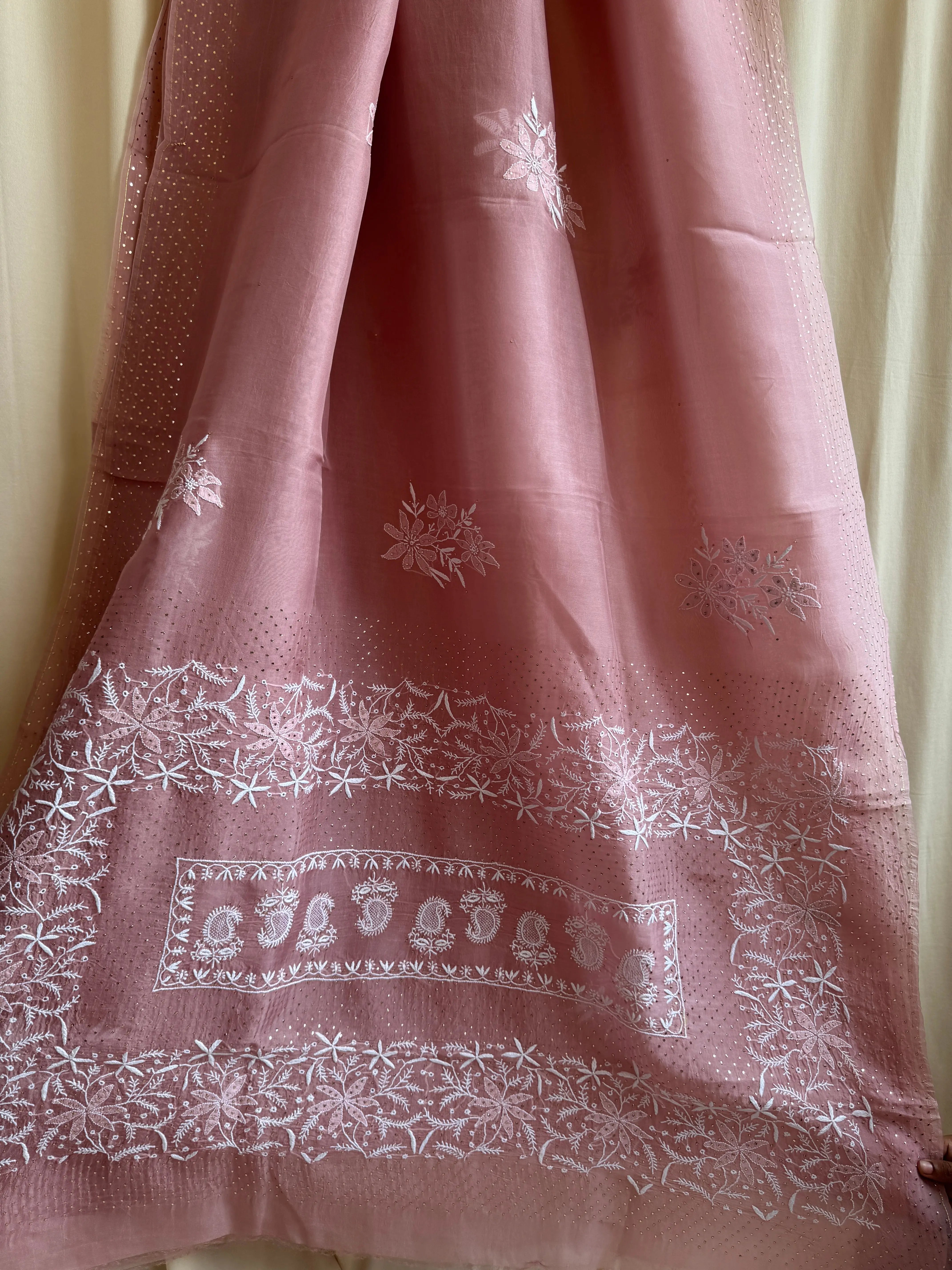 Pure organza Chikankari saree in Rosewood with Mukaish work ARIAA CHIKANKARI
