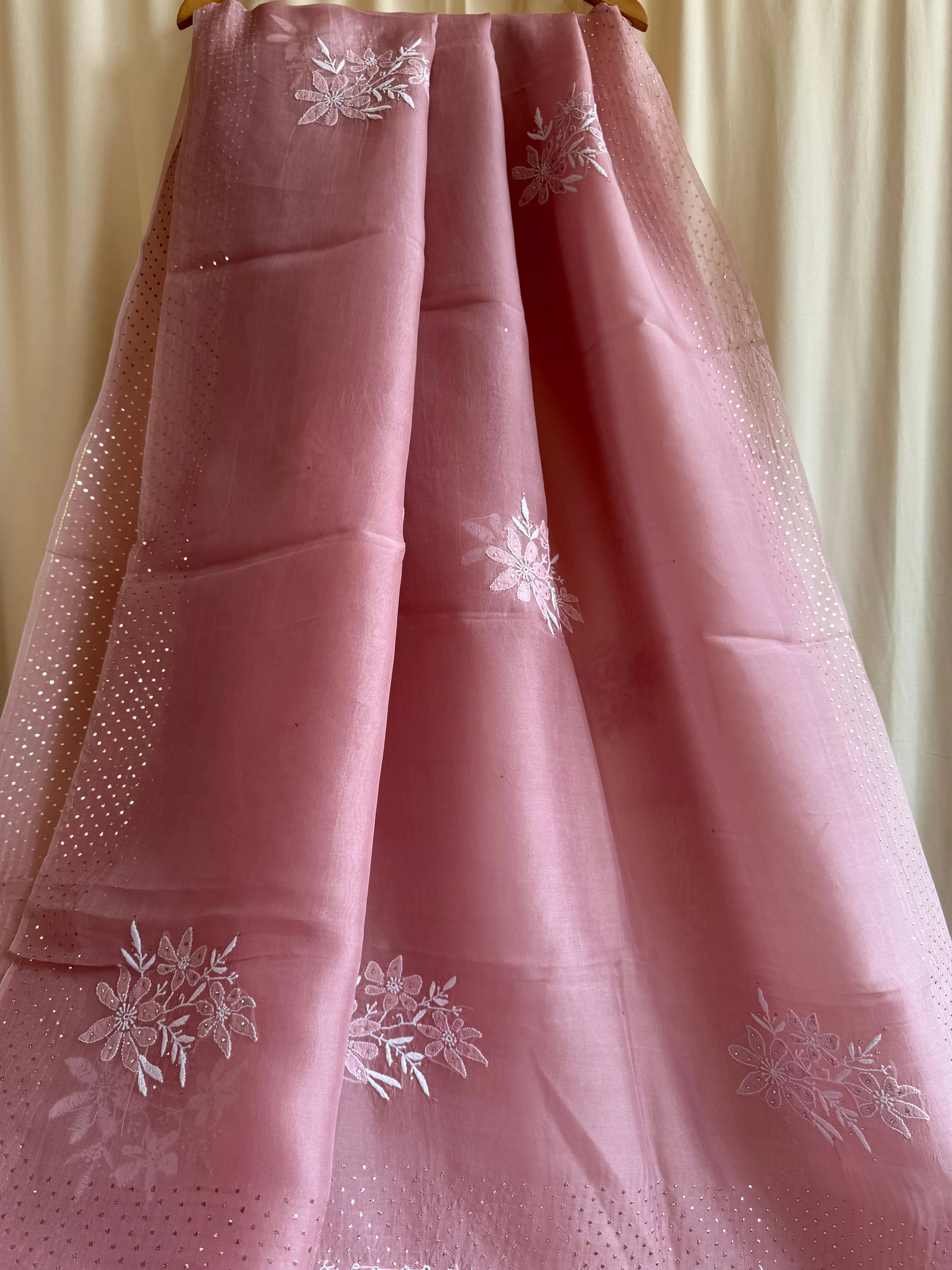 Pure organza Chikankari saree in Rosewood with Mukaish work ARIAA CHIKANKARI
