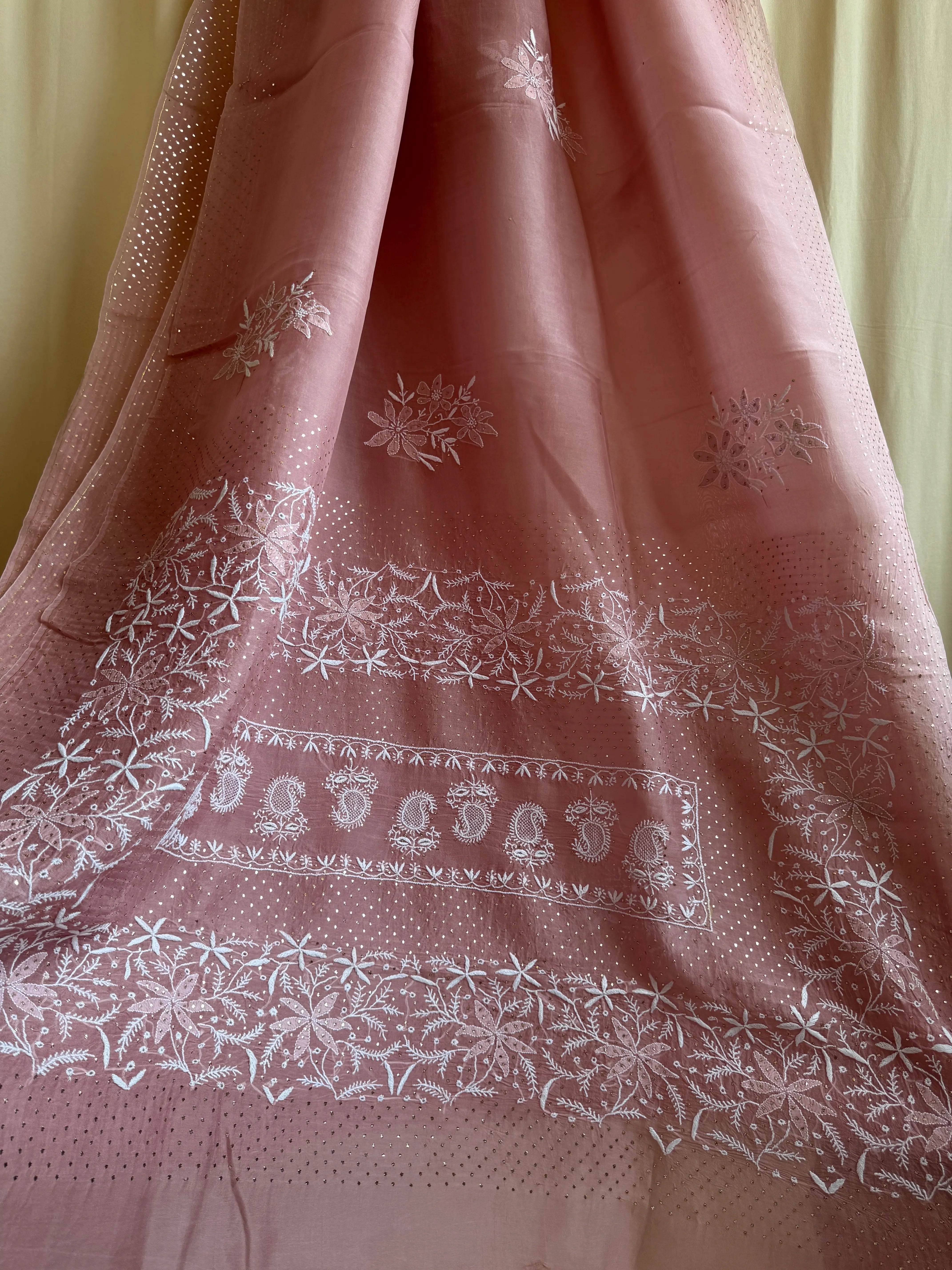 Pure organza Chikankari saree in Rosewood with Mukaish work ARIAA CHIKANKARI