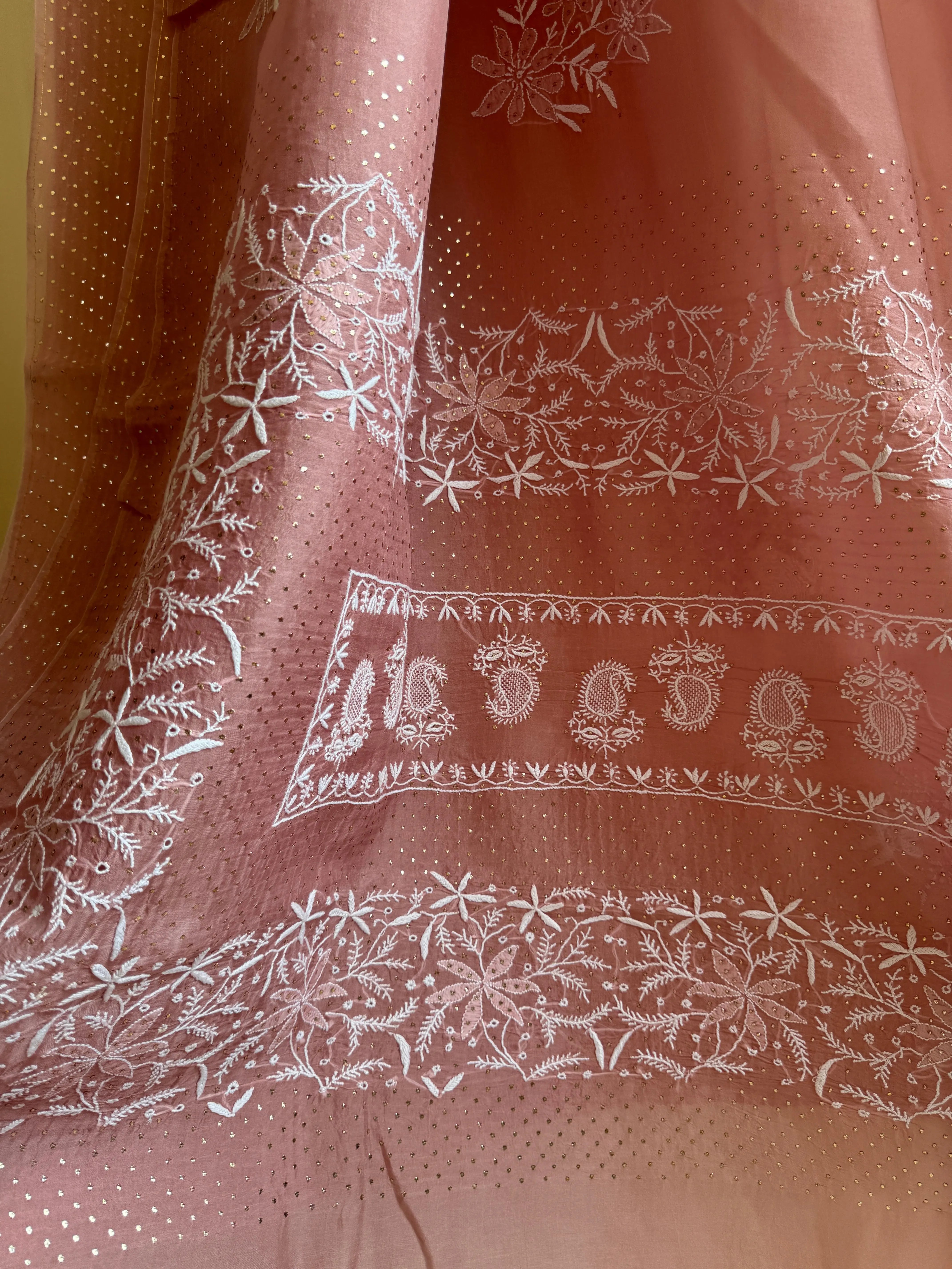 Pure organza Chikankari saree in Rosewood with Mukaish work ARIAA CHIKANKARI