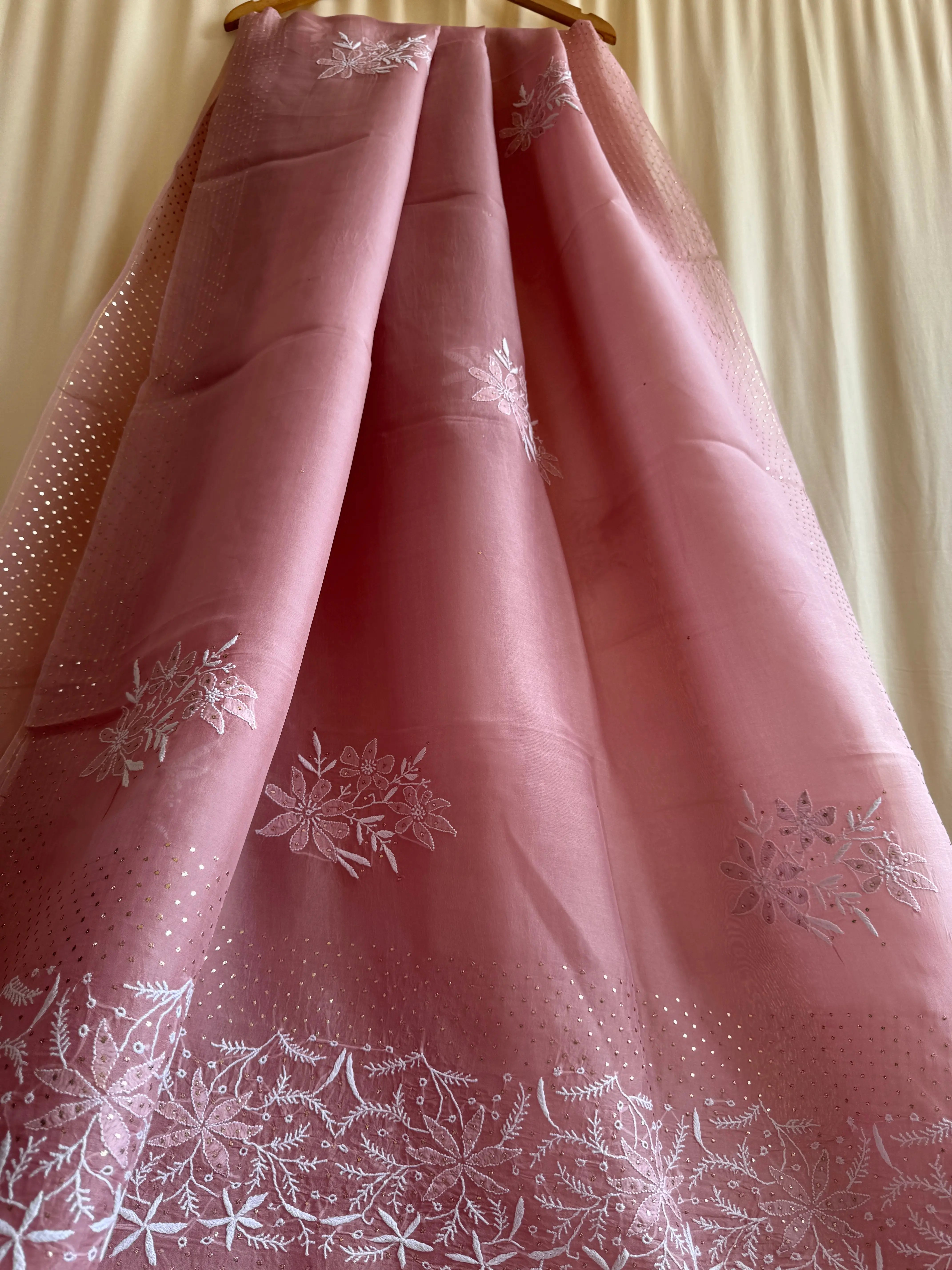 Pure organza Chikankari saree in Rosewood with Mukaish work ARIAA CHIKANKARI