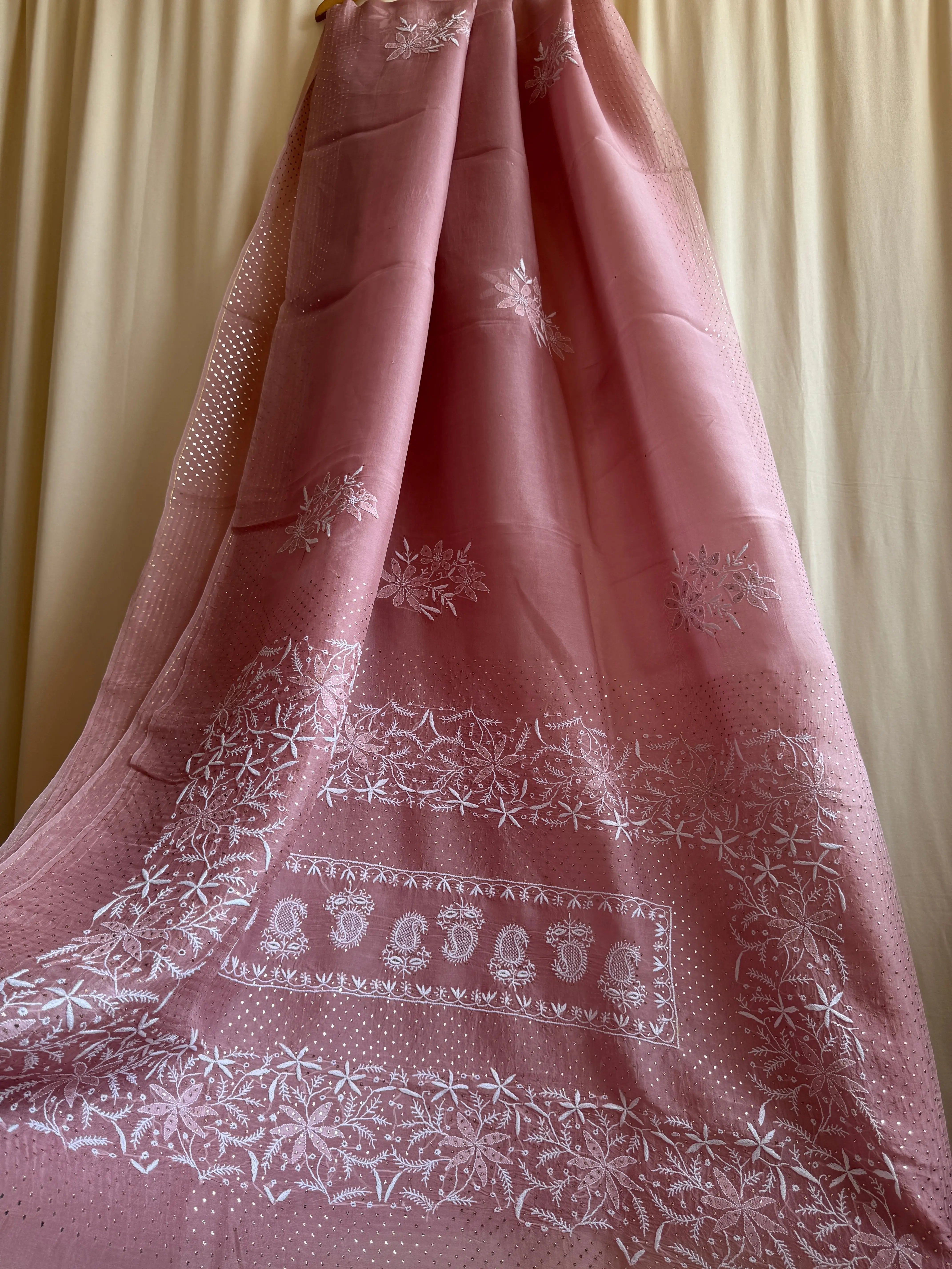 Pure organza Chikankari saree in Rosewood with Mukaish work ARIAA CHIKANKARI