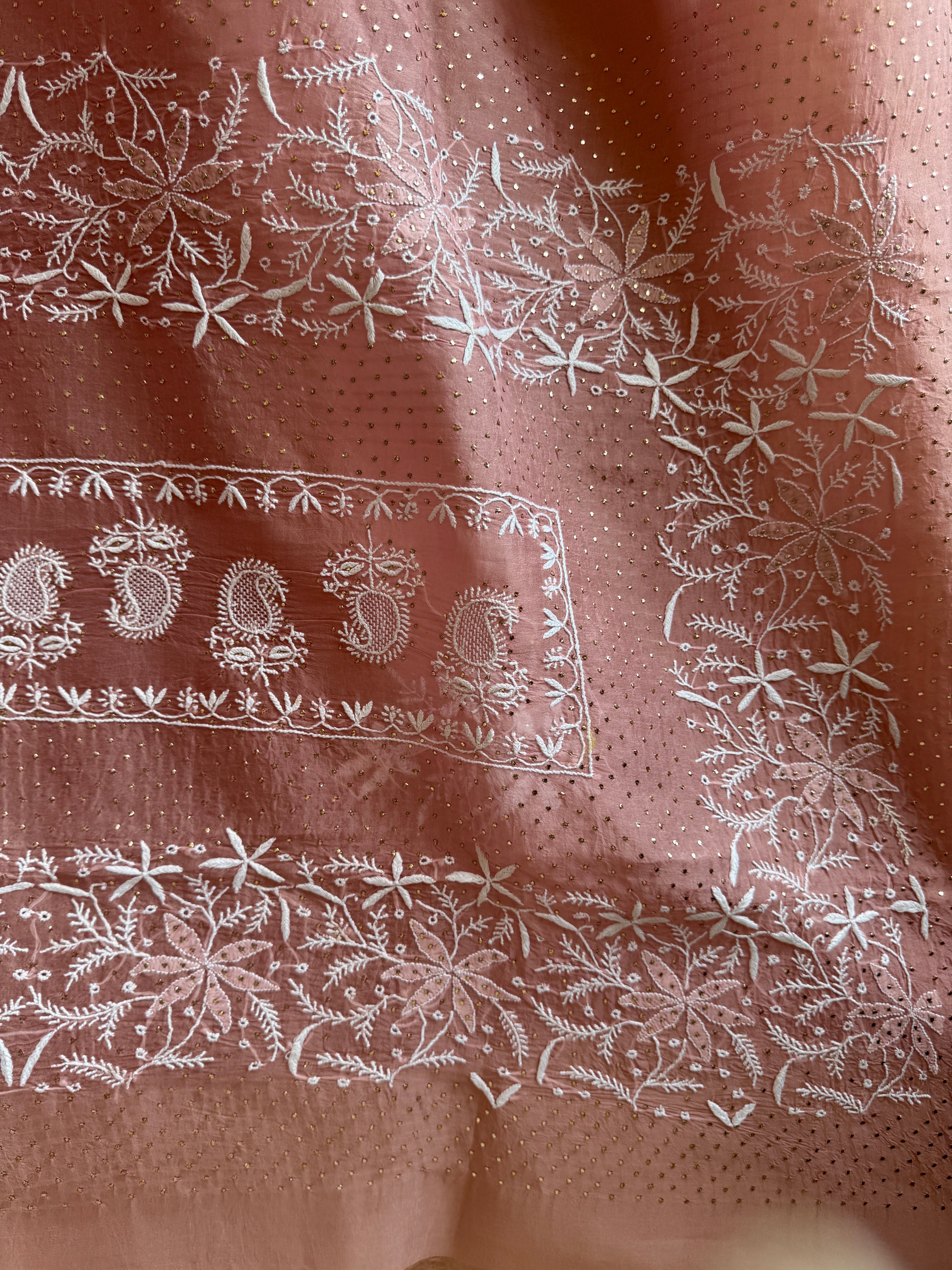 Pure organza Chikankari saree in Rosewood with Mukaish work