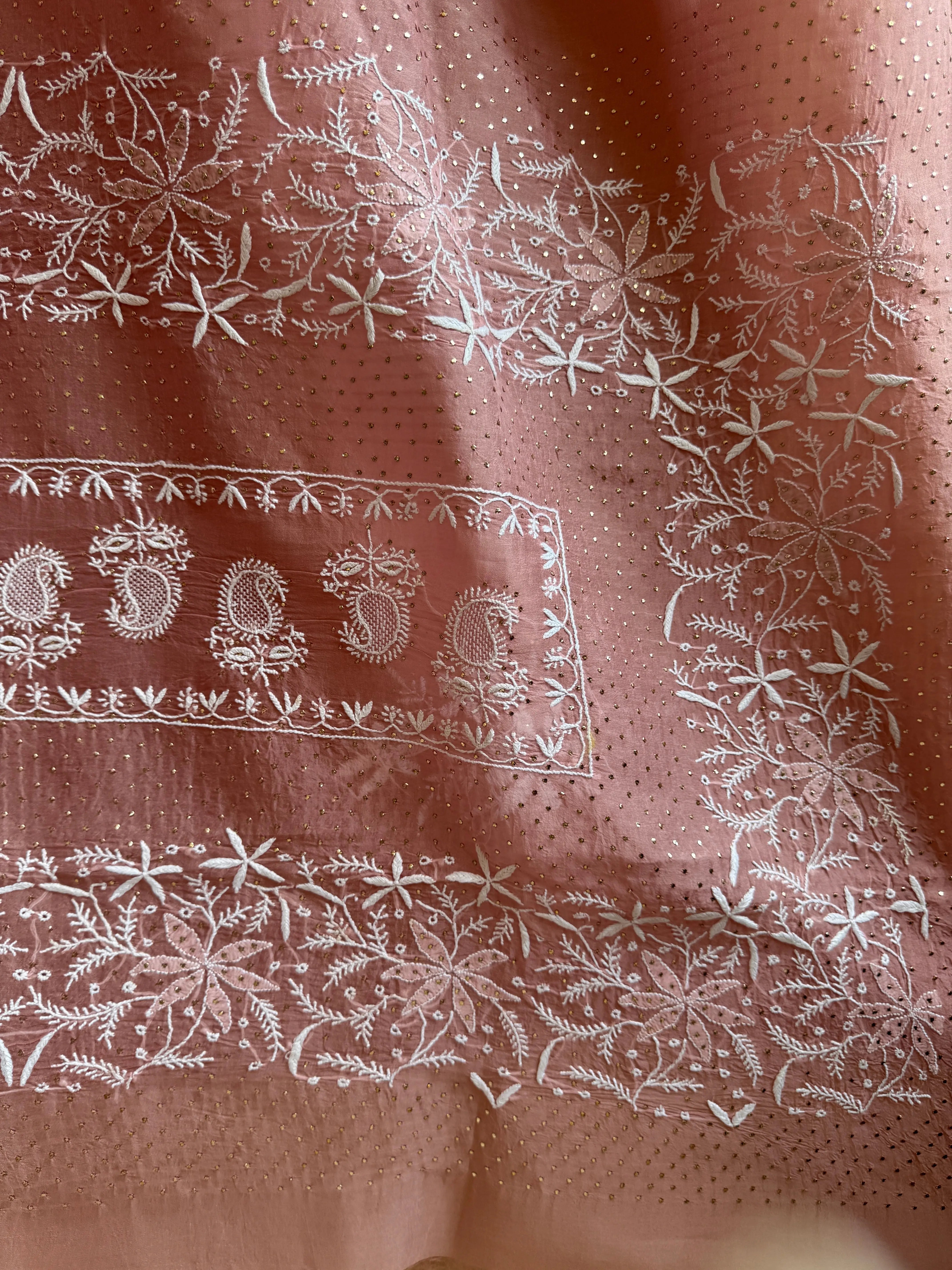 Pure organza Chikankari saree in Rosewood with Mukaish work ARIAA CHIKANKARI